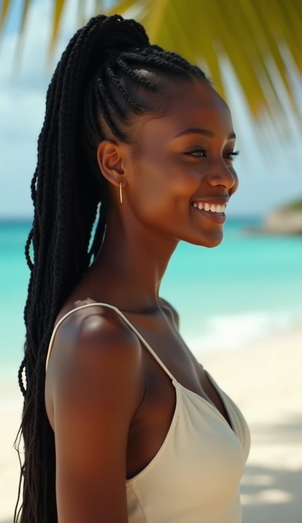 ((Very Dark African skin)), ((Very deep ebony skin)), ((Its beauty is undeniable)), ((Excited cute face)), ((Hyper detailed perfect eyes)), ((Braided African hair)), ((attitude playful)), ((Seductive)), ((sexy)), ((skin)), mulher negra, Beautiful, Camel toe, maximum resolution, 8k, renderizado, mulher, Wearing tight clothes and smiling at the camera, She's having a squirting orgasm. Alta qualidade, technological scenario.