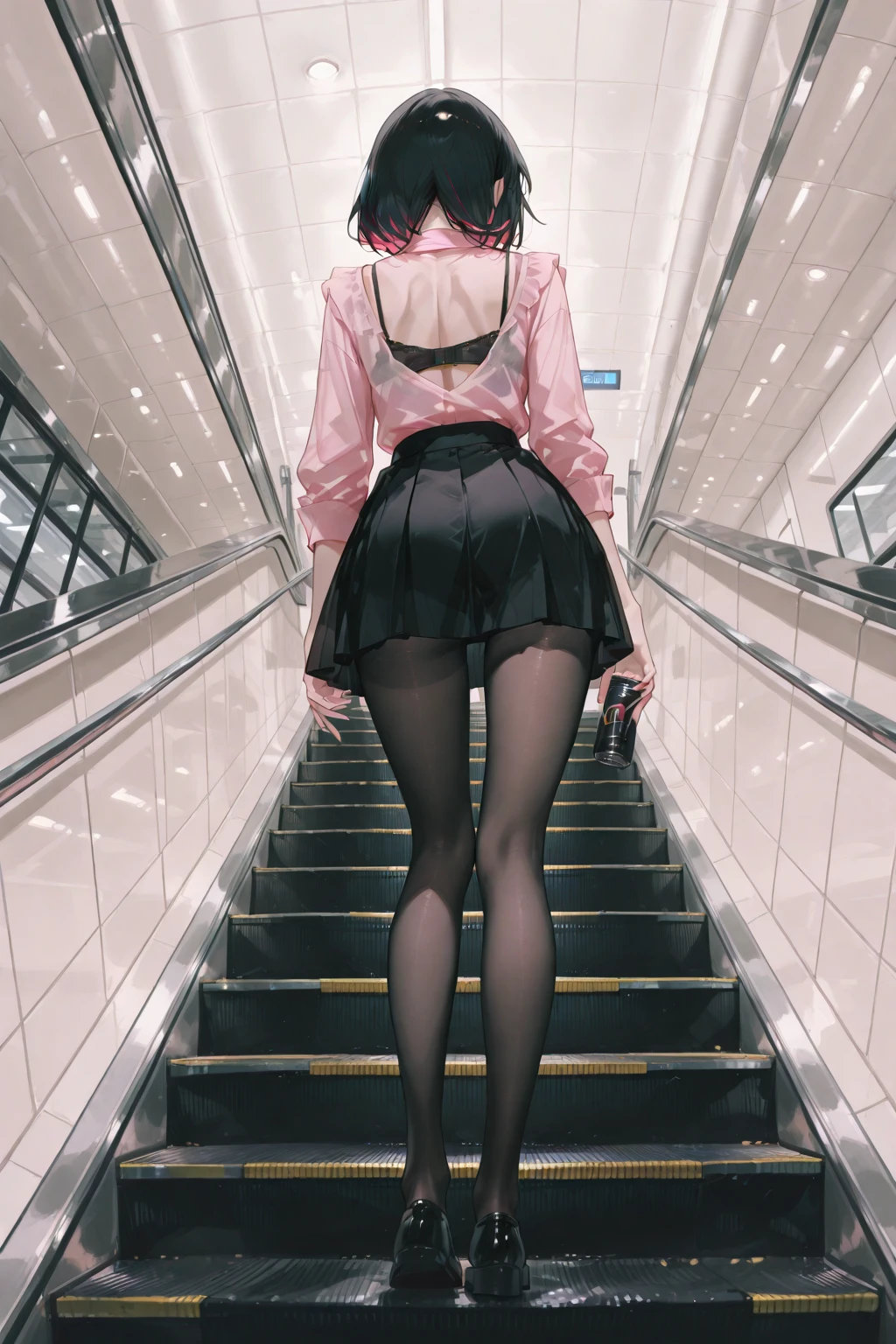 There is a woman wearing a short skirt and boots on the escalator, stockings and skirt, wearing a skirt and boots, at the shopping mall, giant legs towering over you, beautiful short skirt, at the shopping mall,, Appeared in the shopping mall, exposed thighs!!!, 8K)), interesting outfit,wearing a miniskirt,smile,has a white bag