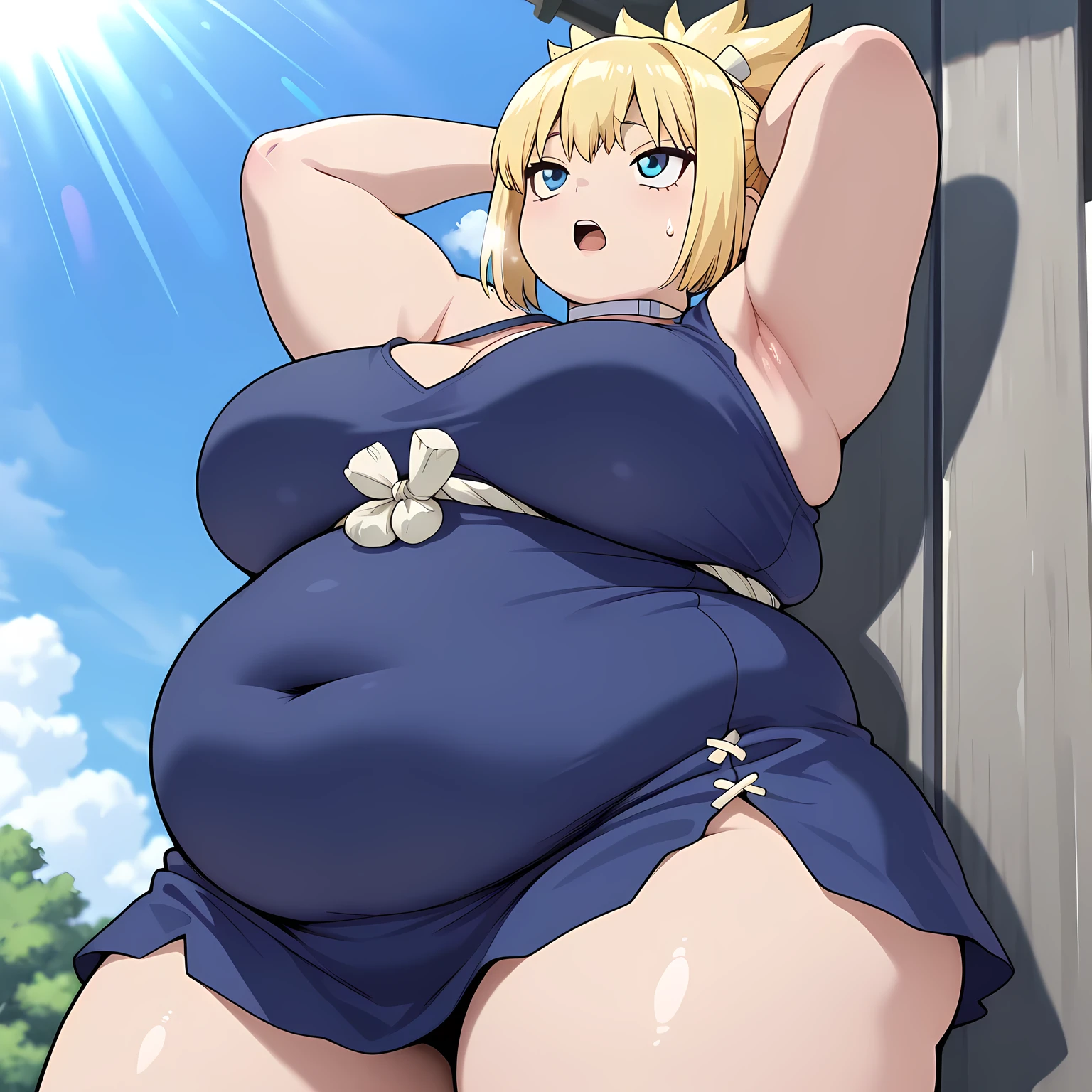 Giantess, curvy, busty, smirk, evil, thick thighs, sitting down