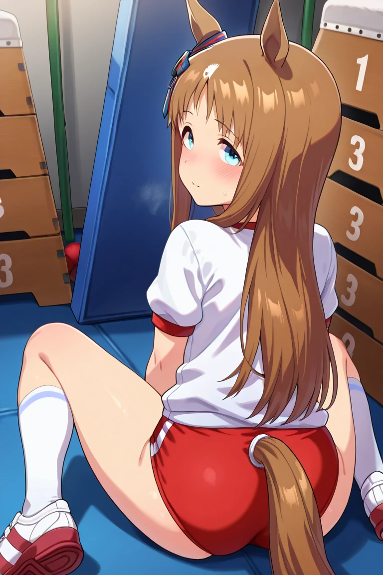 android, beautiful robot makes hard masturbation, she gets orgasms. Her short pigtails, brown hair, Hair tie with two big red clothespins, big smile, brown hair, middle age, joint seam, blue eyes, full body figure, Height: 160cm, Light beige micro mini one-piece dress, fluttering skirt, skirt folds, white retro swimwear, Uplifting, 2020s anime style, 21thcentury japan animation, show White pantie, strong wind is blowing.