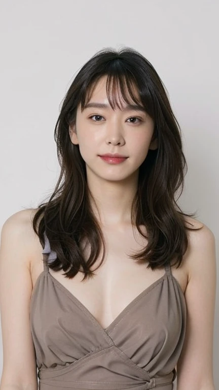 1girl,solo,smile,happy:1,long straight hair,straight bangs,look at viewers,brown eyes,looking at viewer,in studio,pure grey background,detailed skin,detailed face,studio light,parted lips,lips,bare shoulders,(black hair),(close up),messy hair,