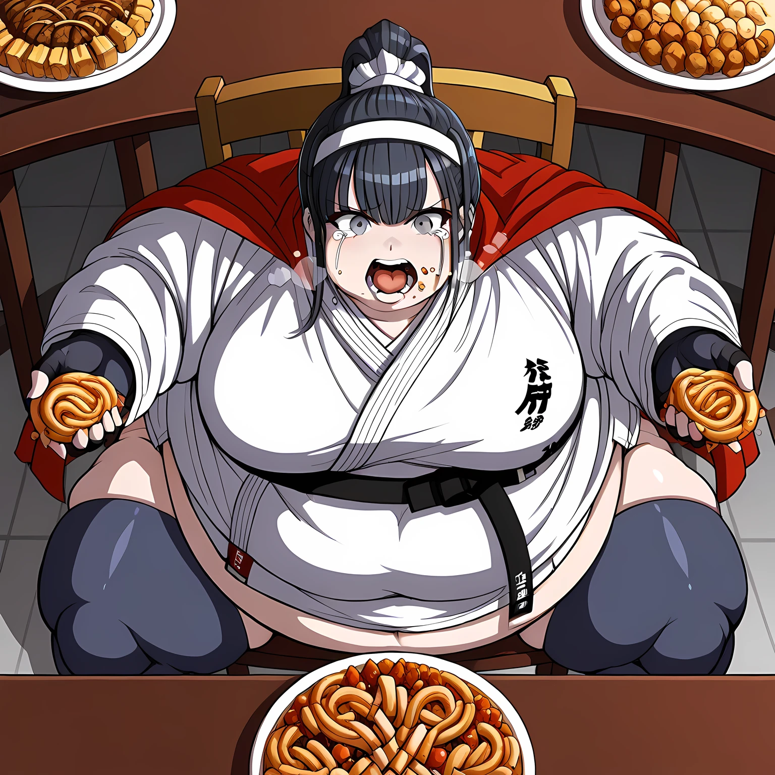 score_9, score_8_up, score_7_up, source_anime,  kiyoshika, black hair, ponytail, grey eyes, red cape, headdress, black fingerless gloves, black belt, dougi, sheat, black thighhighs,  force-feeding, feeding, forced, full mouth, food, eating, tears, indoor, restaurant, in front o f tones of food, chair, table, sitting, eating, , fat, chubby, obese, gigantic arms and legs, large breasts open mouth, out of breath, pov belly, from above,