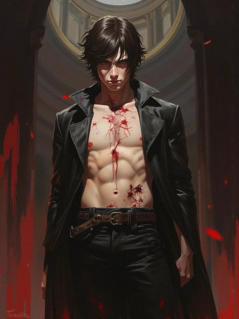A handsome, brutal young demon with a bloody face.