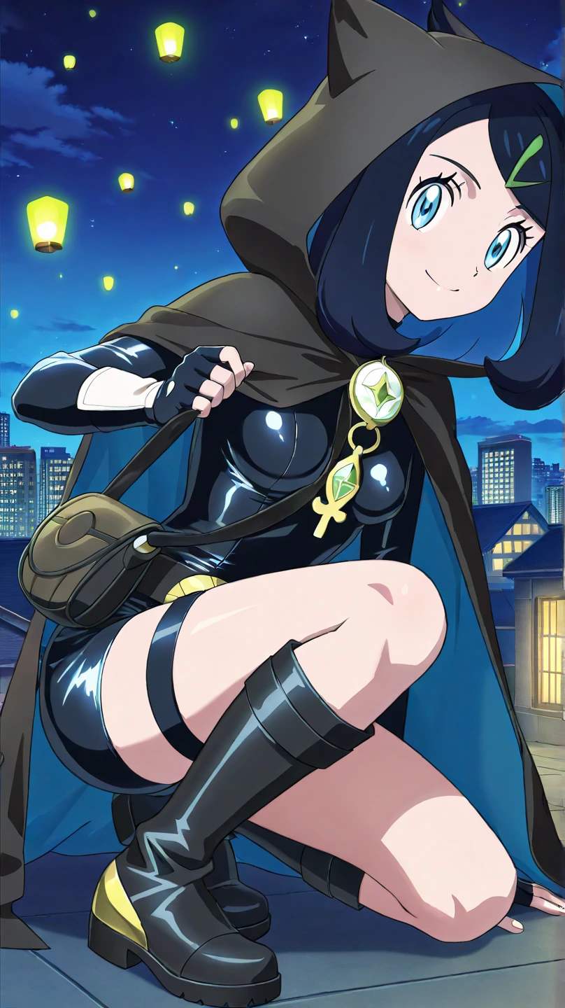 best quality, masterpiece, 1 girl, (standing on one leg:1.2), (drooling:1.4), (wide medium hair with bangs:1.3), tight fitting blue and yellow bikini, short cloak, gloves, (small breast, cleavage, underboobs:1.3), (metro station:1.2), lively, bustling, cyber