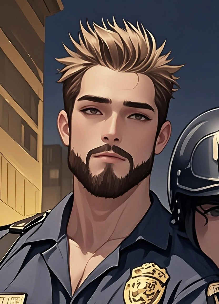 best quality, homoerotic, masterpiece,highres, yaoi, detailed face, (focus male), cg game cg, hd, (a manly 30 year old scruffy policeman, police uniform, blonde, brown eyes, stubble, (slim), in front of police station, outdoors, lamp, car, (military salute), angry, serious