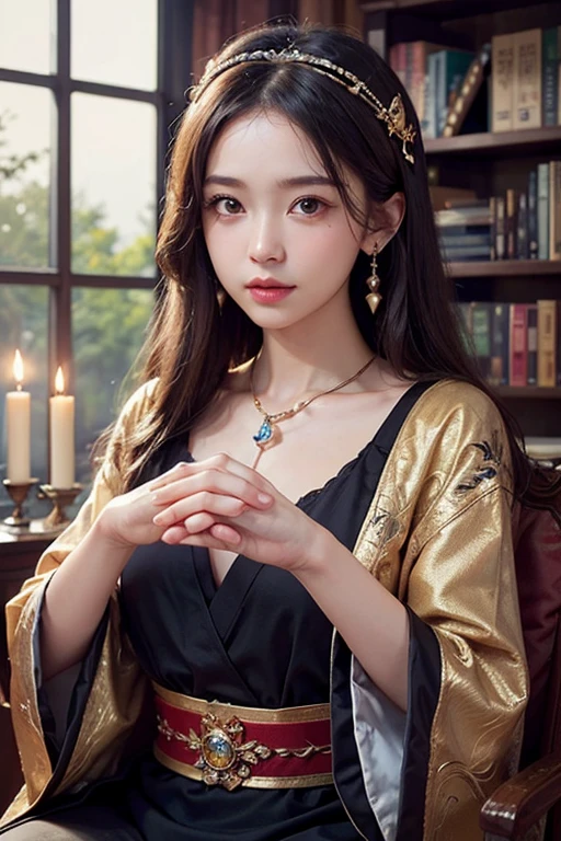 Cute woman giving tarot consultation, mysterious, mysterious eyes, Beloved,