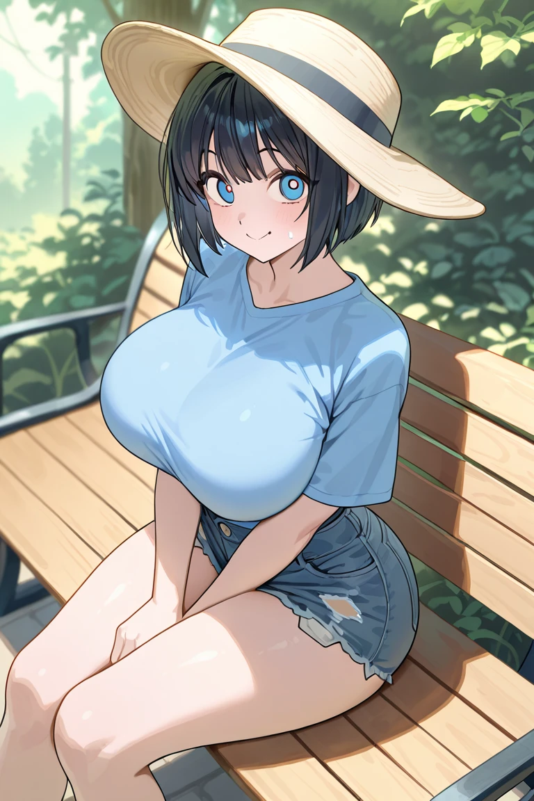 Hentai、Anime Style、High resolution、Trance、A busty gal wearing a straw hat and summer clothes on a bench at a bus stop in a deserted rural village spreads her legs and makes a sex appeal、Pussy exposure、Fatty thick legs、Perfect proportions、Cowboy Shot、Girls und Panzer、Nishizumi Maho