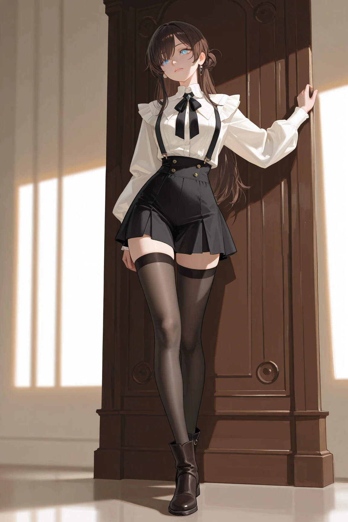 Full body of one girl、slender body shape、Standing on your own feet、brown haired、Longhaire、blushing、mouth slightly open、small tits、Underwear、Thigh-length black sheer stockings without shoes、She wears pure white panties under her stockings.、Wearing a pure white bra、Pure white underwear、inside in room、6K、masterpiece、top-quality、best、超A high resolution、intricate-detail、An ultra-fine illustrations、perfect anatomia、Correct anatomy、perfectly proportions、face perfect、perfect hand、perfect leg、perfect fingers、18year old、