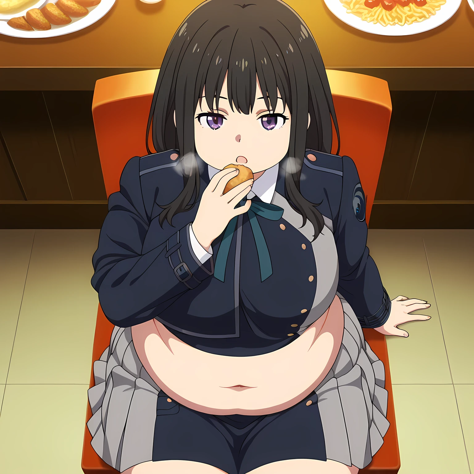 masterpiece, best quality, highres, newest, 1girl, solo, official style, anime screencap, takina, black hair, purple eyes, lycoris uniform, expressionless, , looking at viewer, cowboy shot, hand up, five fingers eating food, in front of tones of food, sitting, indoor, restaurant, pov belly, from above, fat, chubby, obese, gigantic arms and legs, large breasts open mouth, out of breath