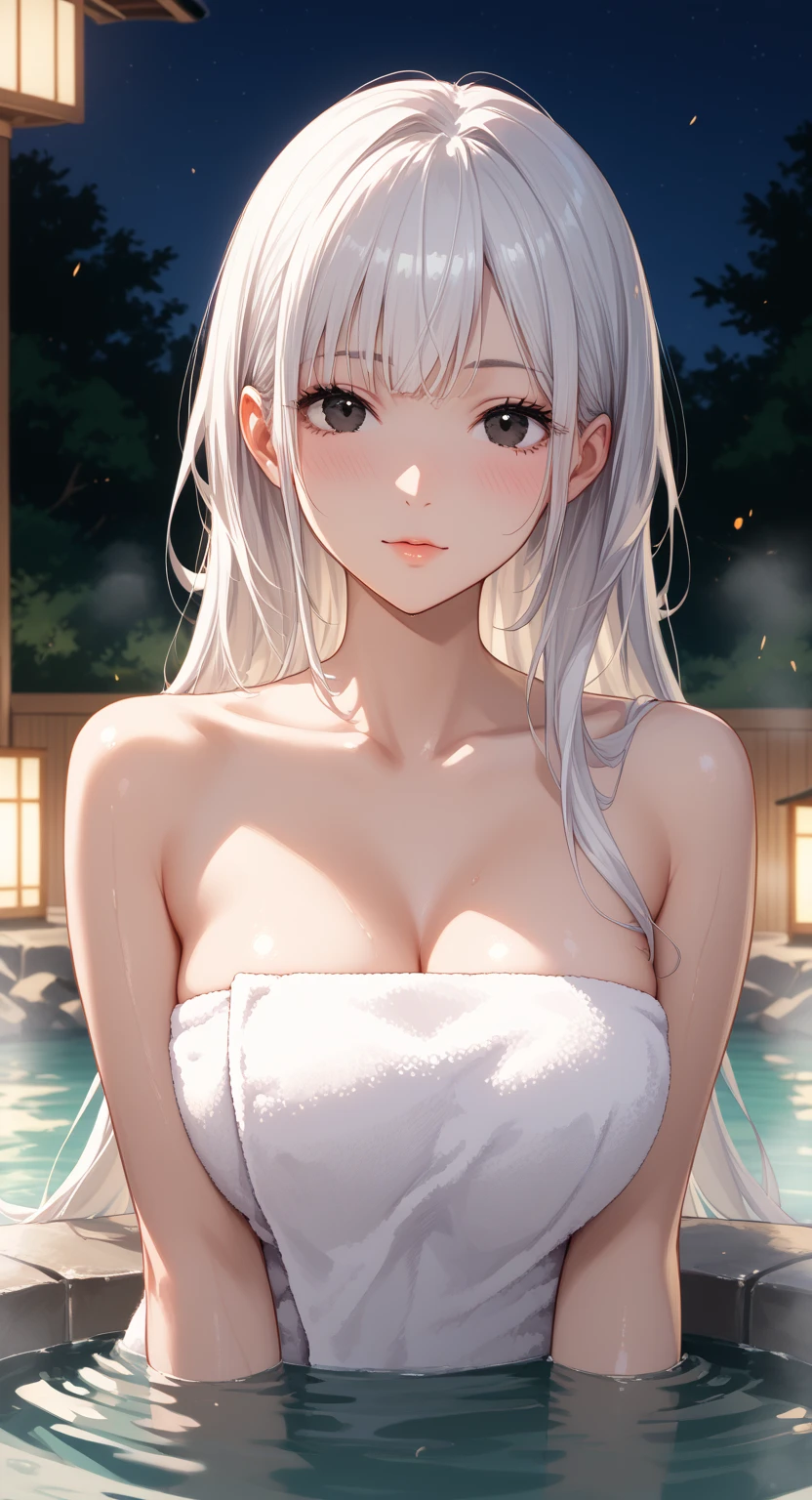 1girl, white hair, purple eyes, portrait, realistic, towel, (onsen), sidelighting, wallpaper, nsfw,