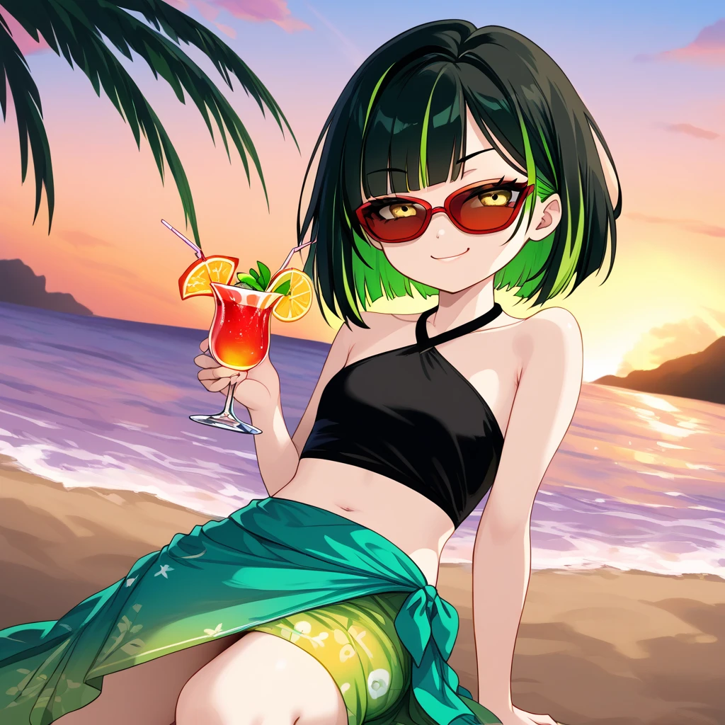 (masterpiece), best quality, ((Loli)), beach, expressive eyes, perfect face, messy short black hair , cute, yellow eyes, red rimmed sunglasses, green eyeliner, chibi, green highlights, yellow bikini, bored, small ass, cute straw hat, sitting on a beach chair, sipping a cocktail with a straw