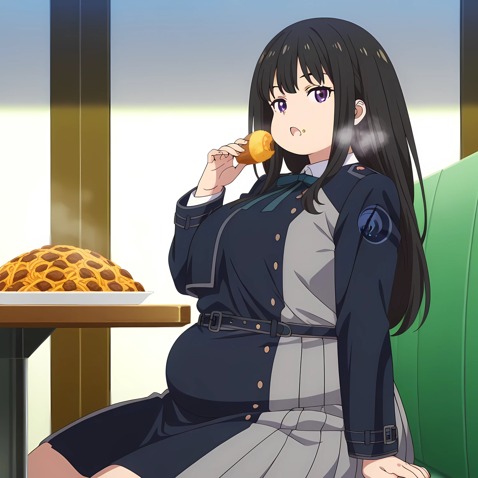 masterpiece, best quality, highres, newest, 1girl, solo, official style, anime screencap, takina, black hair, purple eyes, lycoris uniform, expressionless, , looking at viewer, cowboy shot, hand up, five fingers eating food, in front of tones of food, sitting, indoor, restaurant, pov belly, from side, fat, chubby, obese, gigantic arms and legs, large breasts open mouth, out of breath