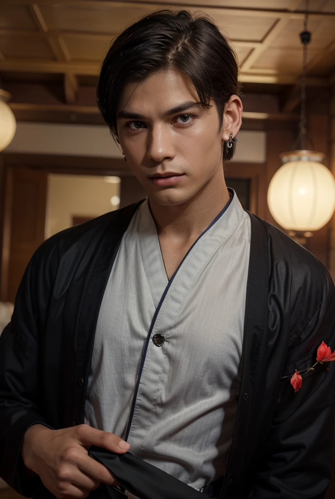 Zoro Roronoa con sus tres espadas, in combat position, wearing a white robe