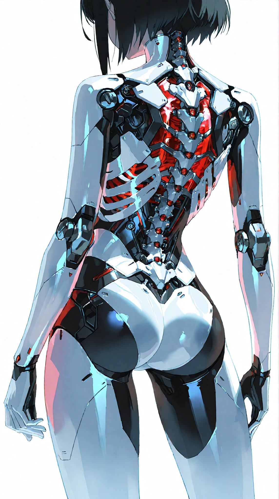 (flat color), colorful,(masterpiece:1.2), best quality, masterpiece, highres, original, extremely detailed 8k cg wallpaper, looking at viewer,( white background), masterpiece, best quality, intricate mechanical bodysuit, mecha corset,Headset,garter, glowing body, (exposed_bone, anatomy), [girl,neon lights],Luminous Spine,skeleton, rib cage, hip bones, backbones,Spinal Tail,
[arched back], cowboy shot,(From behind),With cables plugged in body,Single ponytail