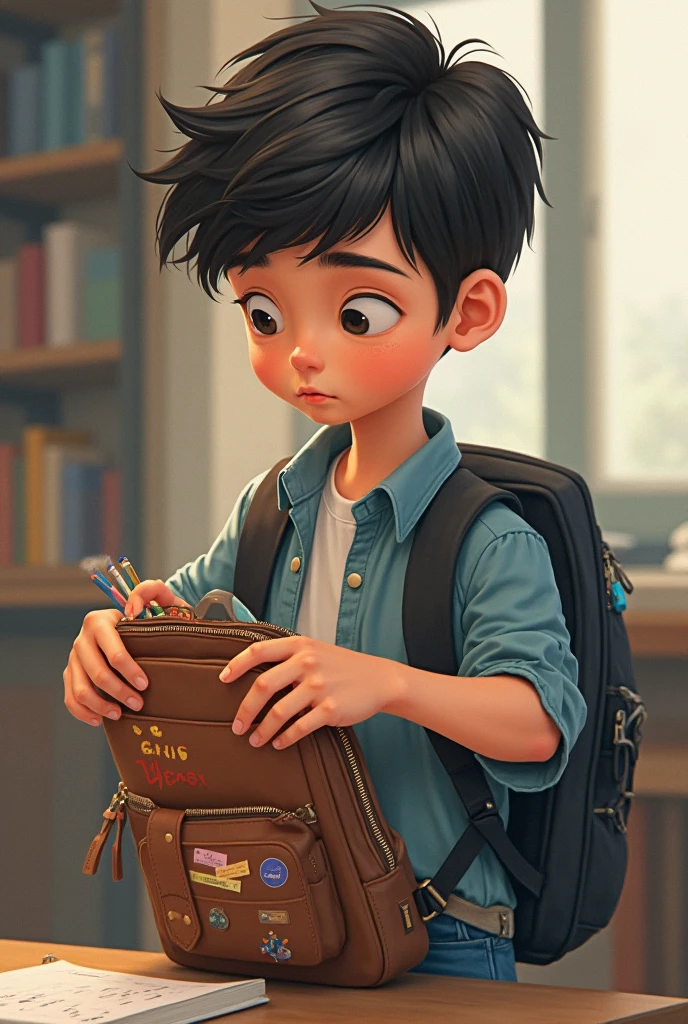 Create an image in which a boy putting love letter in his crush school bag while no one is present there
