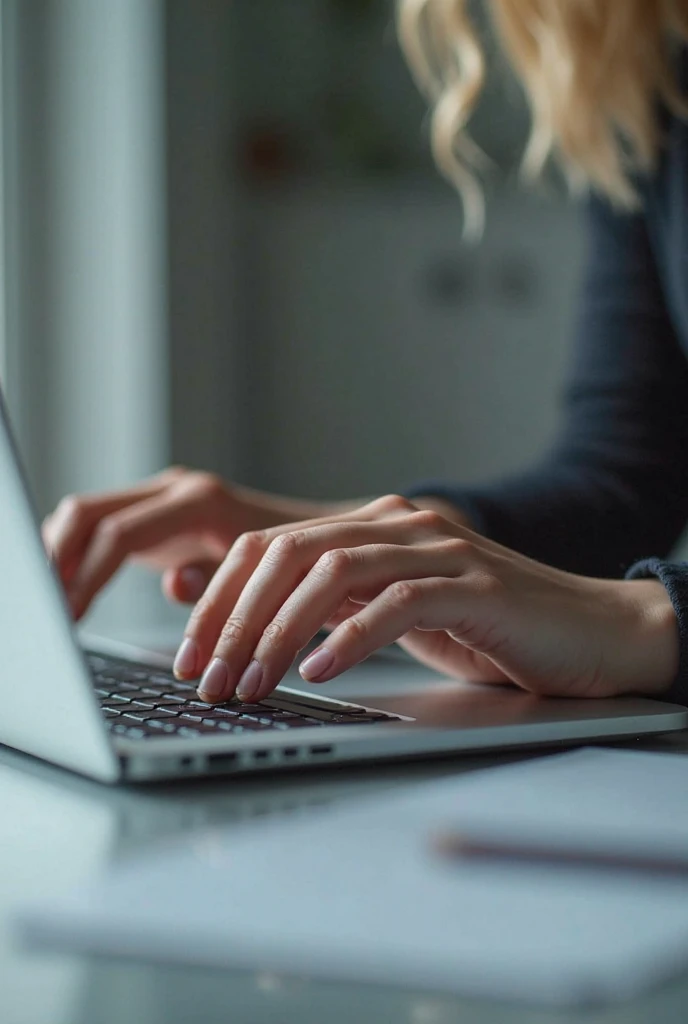 focus on a woman's hand using the computer, realisitic