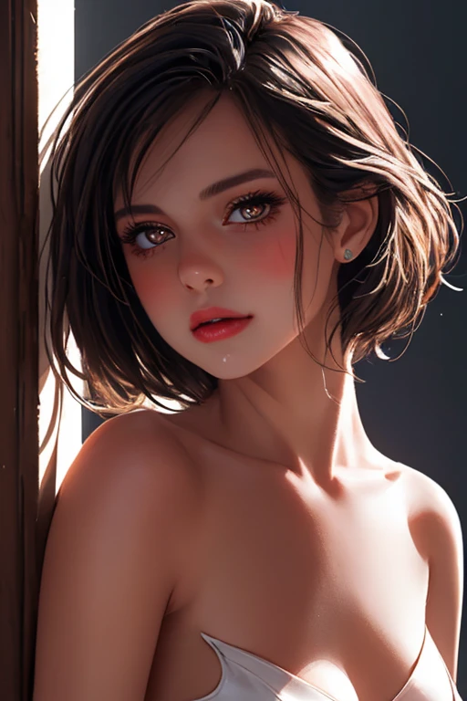 (highly detailed body, slim body, highly detailed face, best quality: 1.2), a beautiful woman, small chest, look at the viewer, (wide white shirt, shorts), (short hair, disheveled hair, black hair)