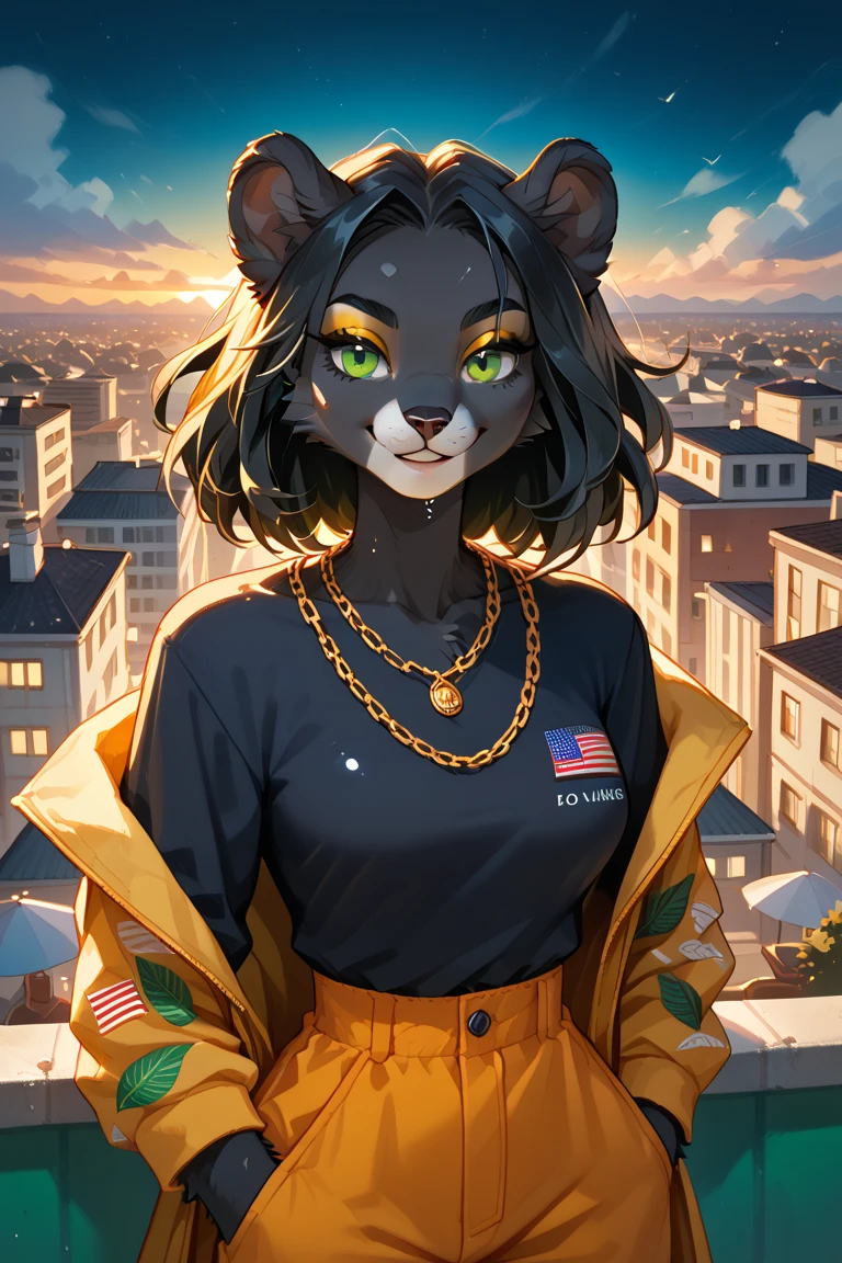 anthropomorphic fluffy female panther, expressive green eyes, long black hair, One, (rooftop jacuzzi at night), ultra-high detail, Jamaican flag print ( green, yellow, black) with ultra-high detail, orange chains, outside: relaxes in buoy water with a cocktail, gentle smile dances, (30-year-old breast, broad shoulders, wide waist, class, check_9, class, check_8_up, class, check_7_up, class, check_6_up, class, check_5_up, class, check_4_up, 8 k, the neon glow of the city , wet gloss.