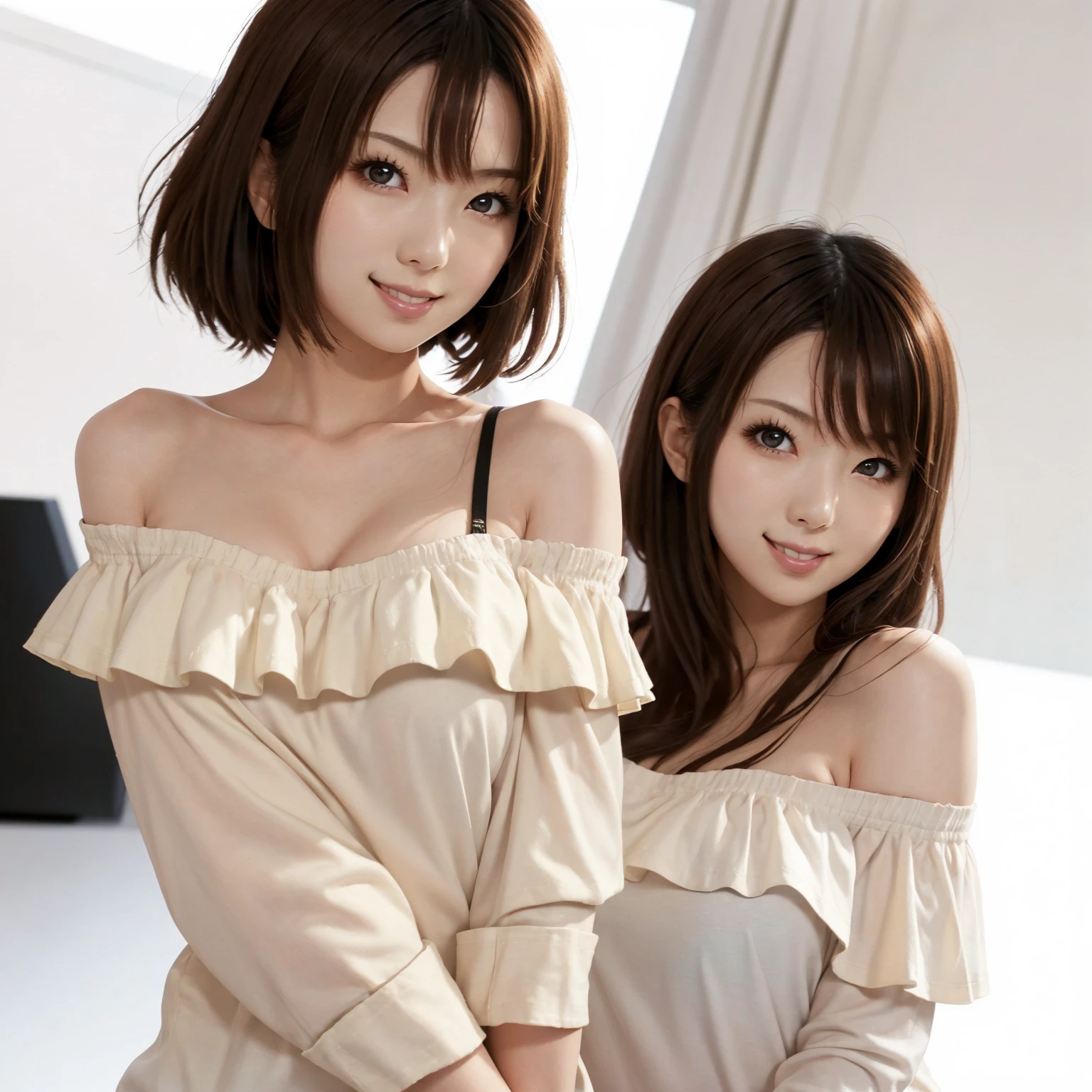 Realistic、highest quality、highest quality、masterpiece、Ultra-high resolution、RAW Photos、Realistic、Bright lighting、Face Light、Smooth Professional Lighting、Looking into the camera、alone、Adult female、Beautiful woman、Super Beauty、Realistic肌、Moisturized Skin、Realistic eyes and faces、Perfect model body shape、Beautiful Eyes、Big eyes、Inconspicuous tear bags、slim、Big Breasts、No bra、No makeup、Beautiful fingers、Very short hair、Dark black hair、black eye、seems to be happy、(Both ears are hidden by hair)、(((waitress)))、おしゃれなカフェclerk、clerk
