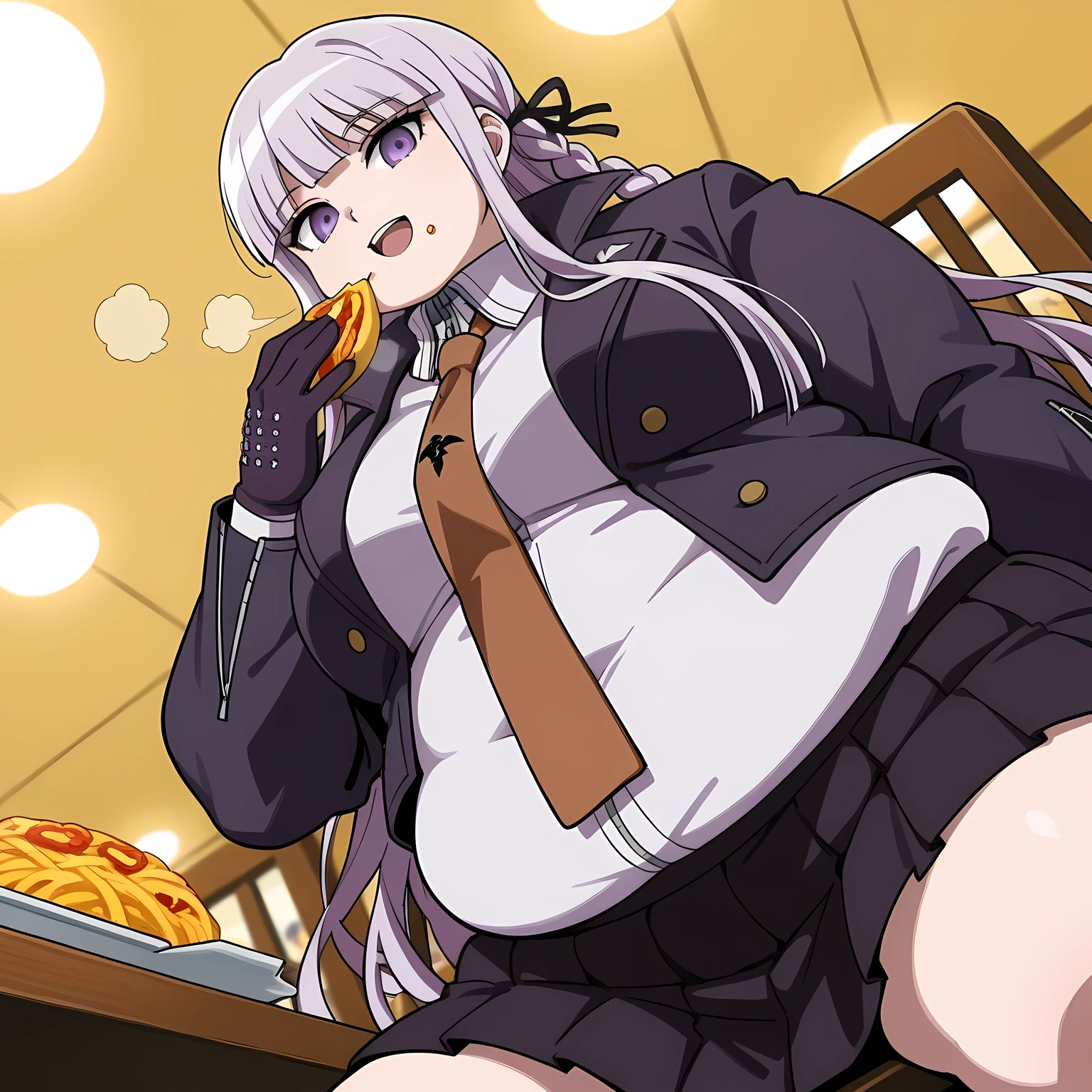score_9, score_8_up, score_7_up, source_anime, kyouko kirigiri, long hair, bangs, ribbon, purple eyes, hair ribbon, purple hair, braid, single braid, side braid,, skirt, shirt, gloves, long sleeves, jacket, white shirt, pleated skirt, open clothes, necktie, collared shirt, black skirt, open jacket, black jacket, black ribbon, brown necktie,, t, smile, looking at viewer, hand palm f solo,, , eating food, in front of tones of food, sitting, indoor, restaurant, pov belly,, chair, table, fat, chubby, obese, gigantic arms and legs, large breasts open mouth, out of breath, from below,