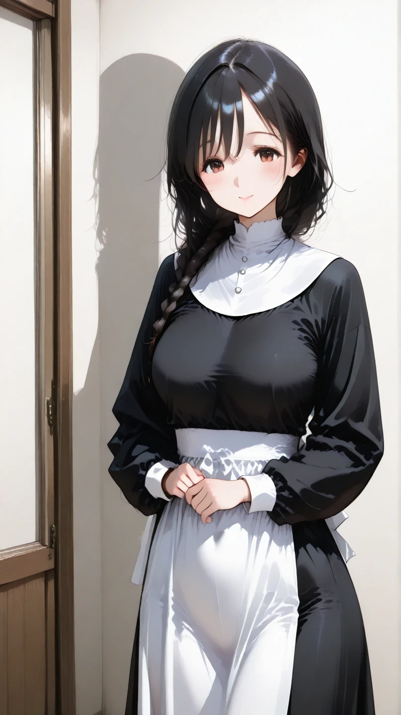 {{masterpiece}},high quality, 4K, 2D, 1 girl,{simple gray background},(attractive mature lady:1.6),milf,standing,sagging breasts,(gigantic breasts:1.5),maid,front face,{{tareme}},attractive mature lady,black hair, {from right in front of face and body},View viewers from front,{front facing shot},Wear glasses,(serious:0.1)