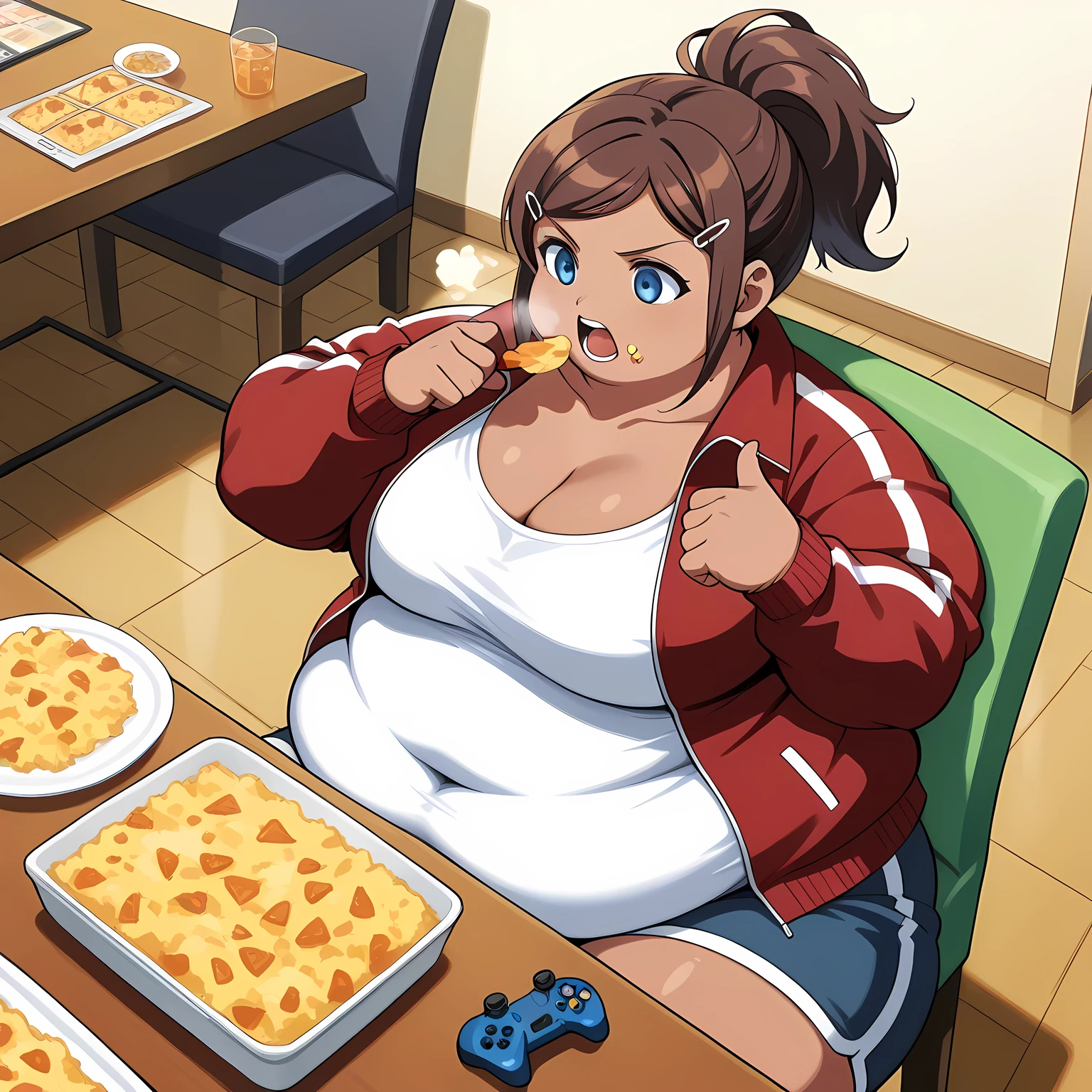 score_9, score_8_up, score_7_up, source_anime,  aoi asahina, short hair, bangs, blue eyes, brown hair, hair ornament, ponytail, hairclip, dark skin, dark-skinned female, large breasts,, shirt, long sleeves, cleavage, collarbone, jacket, white shirt, open clothes, shorts, hairclip, open jacket, red jacket,, living room, video game, controller, competitive, fun, afternoon, , , hand showing a thumbs down, solo,, cowboy shot, dutch angle fat, chubby, obese, gigantic arms and legs, large breasts open mouth, out of breath, eating food, in front of tones of food, sitting, indoor, restaurant, pov belly, chair, table, from above, pov belly, 
