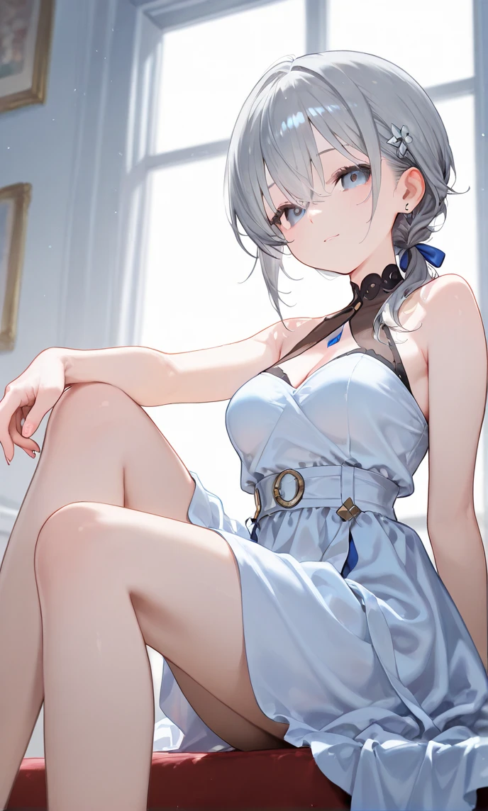Girl with short fluffy ash hair. Yellow eyes. Calm face, simple white dress, black collar. On floor, fantasy house living room, slender body, blush, medium breasts