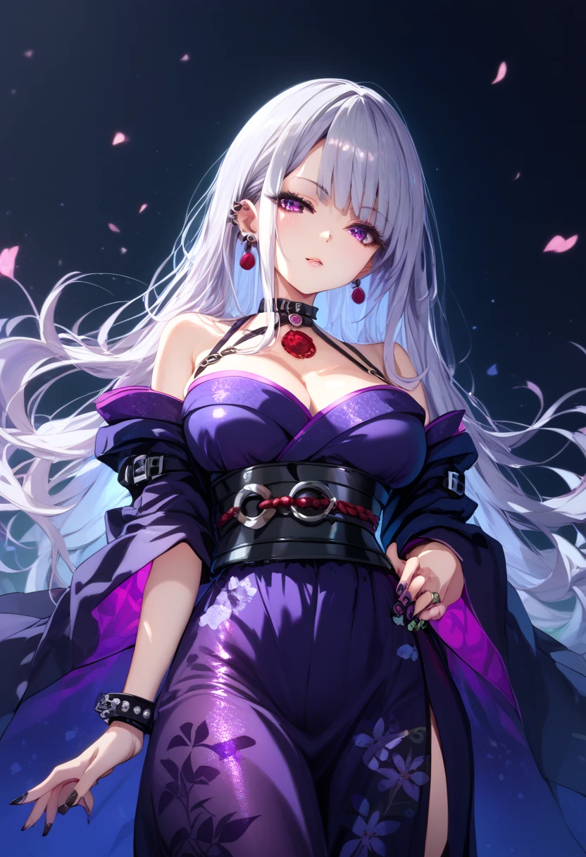 High resolution, masterpiece, mysterious light, ukiyo-e, colorful, long straight hair with silver hair and light purple mesh, beautiful and beautiful hair, mature woman in seamless dress, detailed dress design, elegance, super detail, 8k, realistic Digital art, 32K, ultra-high definition, fantasy art work, award-winning, highly detailed face, looking at the viewer, ultra-detailed, artistically acclaimed, pale red novelty dress, slit, expensive necklace, Detailed eyes, detailed beautiful faces, playful expressions,