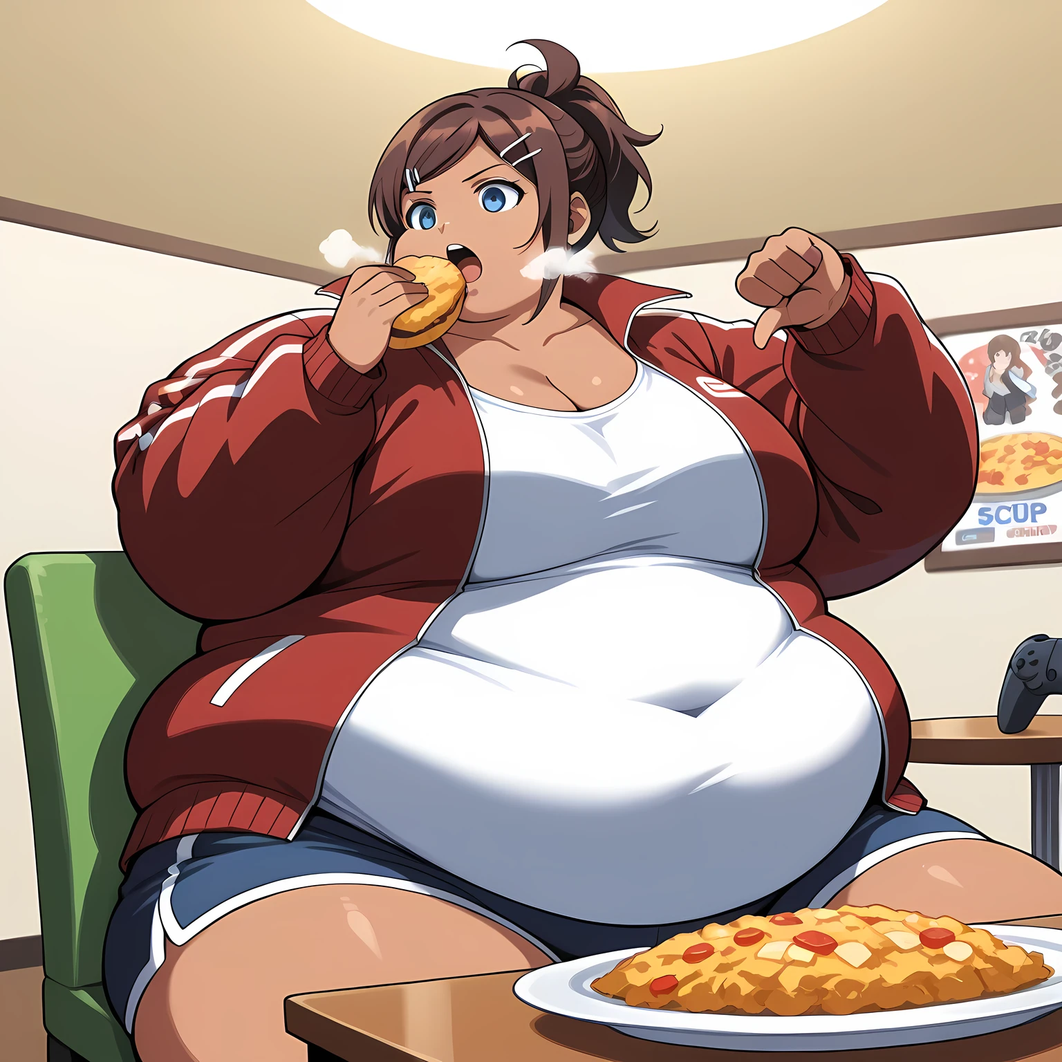 score_9, score_8_up, score_7_up, source_anime,  aoi asahina, short hair, bangs, blue eyes, brown hair, hair ornament, ponytail, hairclip, dark skin, dark-skinned female, large breasts,, shirt, long sleeves, cleavage, collarbone, jacket, white shirt, open clothes, shorts, hairclip, open jacket, red jacket,, living room, video game, controller, competitive, fun, afternoon, , , hand showing a thumbs down, solo,, cowboy shot, dutch angle fat, chubby, obese, gigantic arms and legs, large breasts open mouth, out of breath, eating food, in front of tones of food, sitting, indoor, restaurant, pov belly, chair, table, from below, pov belly, 