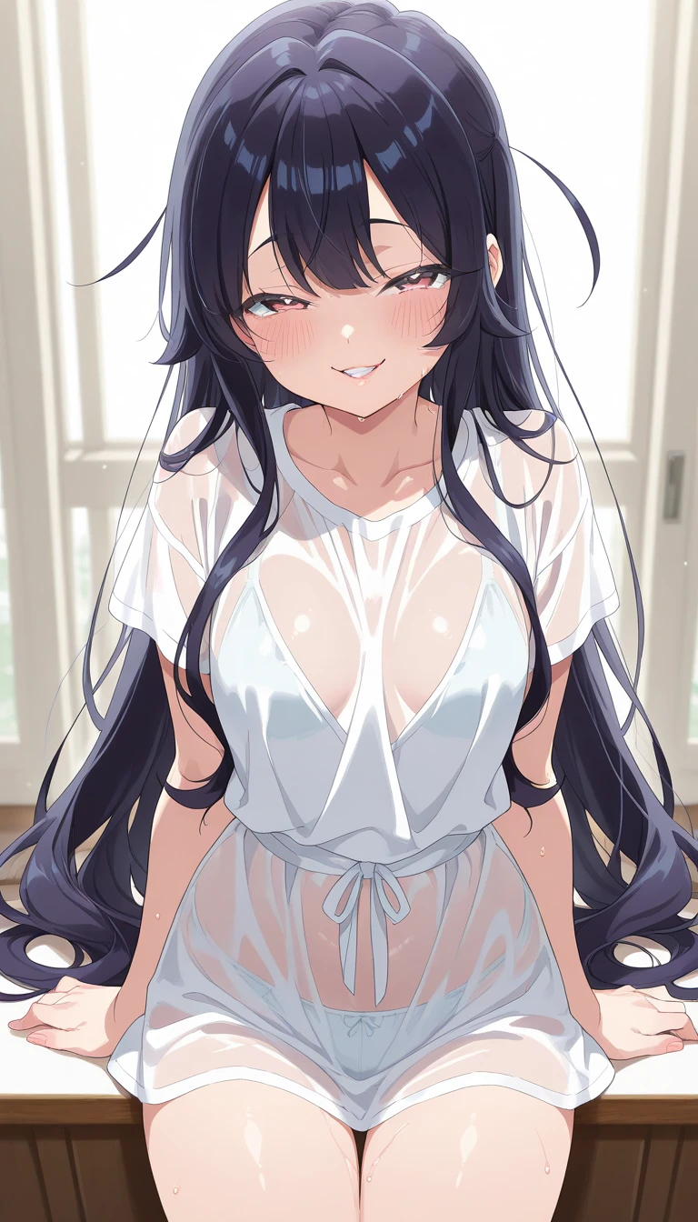 masterpiece, best quality 1girl, solo, beautiful woman, bangs, black hair, very long hair, him cut, dark blue eyes, deep blush, grin, medium breasts, waring nothing but an open white blouse, holding her breasts, looking at viewer, bedroom background
