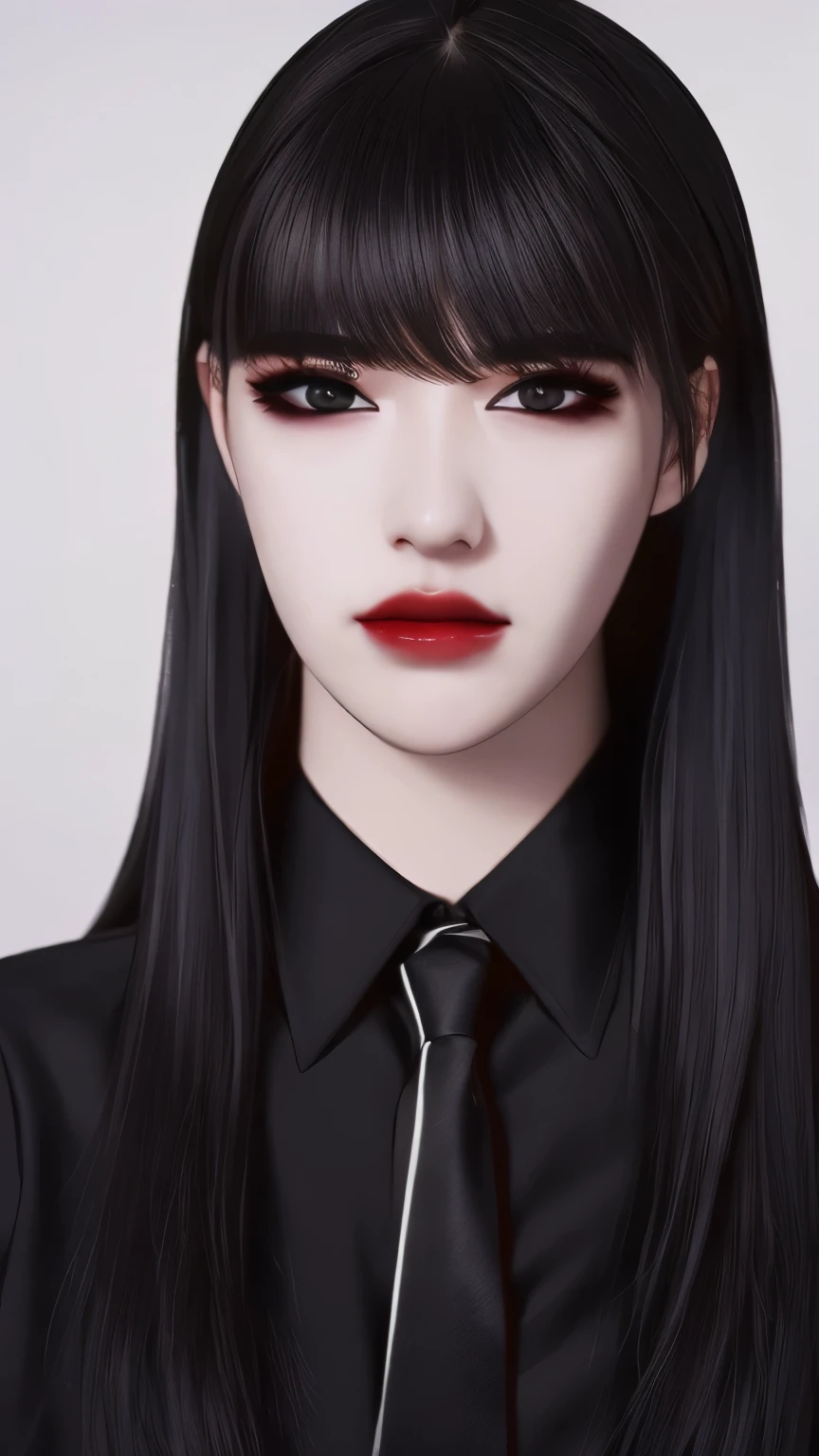(Photorealistic: 1.5),long black hair,black pupils,cat eyelashes,wearing white shirt and black pants with black tie,highly detailed,high quality,high resolution portrait