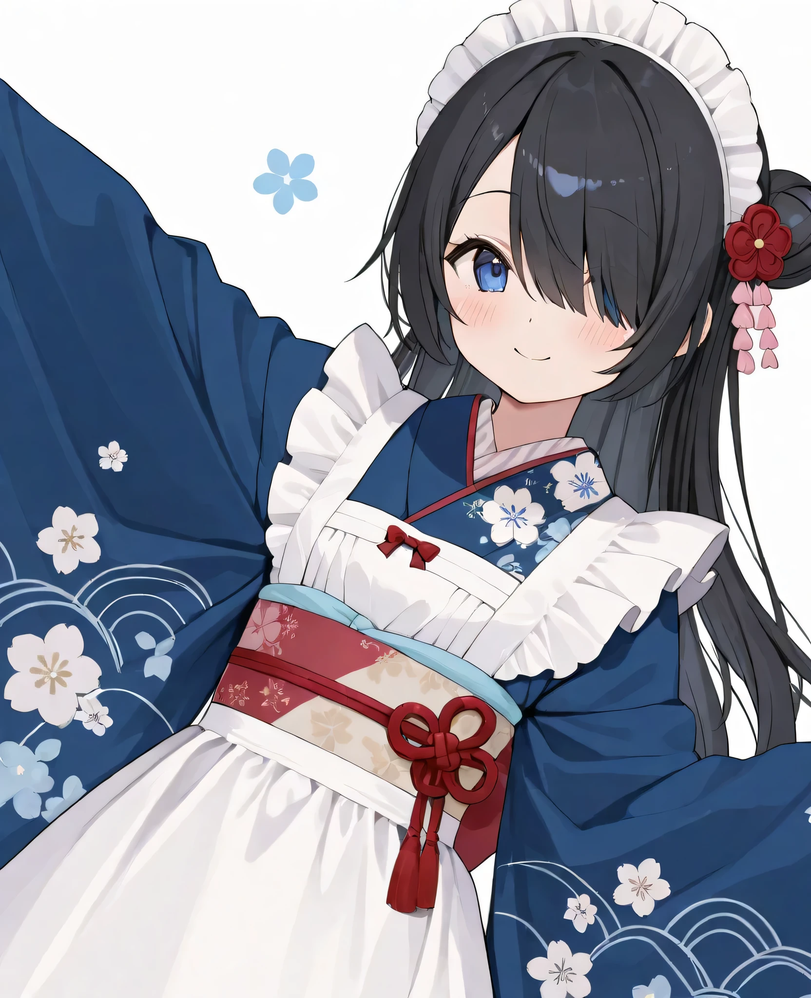 black hair、Black hair、blue eyes、Pretty Eyes、long hair、hair over one eye、single hair bun、round face、hair ornament、Smile Yan、Head to waist、I can't see through it、white background、A cute anime-style maid outfit with a traditional Japanese touch. The outfit features a blue kimono patterned with floral and geometric designs, worn under a white frilly apron. The kimono sleeves are wide and elegant, and the waist is tied with a white and red obi decorated with a traditional knot.