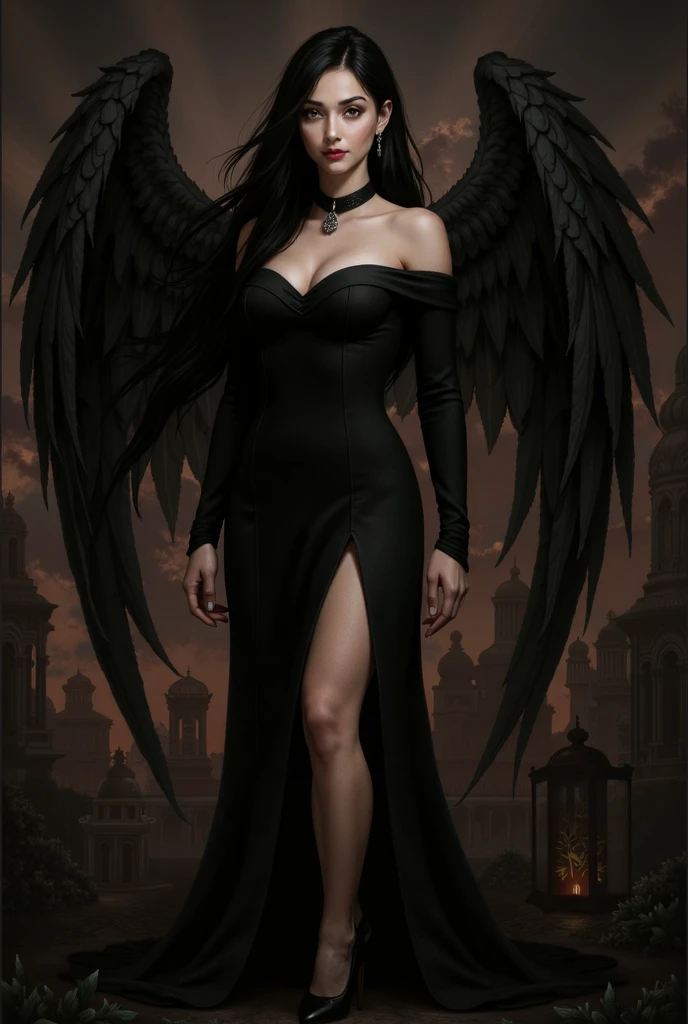 A Chicha with an empowered look with her long hair wearing a black winged dress of a powerful black wolf with a casino background of chips and roulette wheels that says "RED NOA"