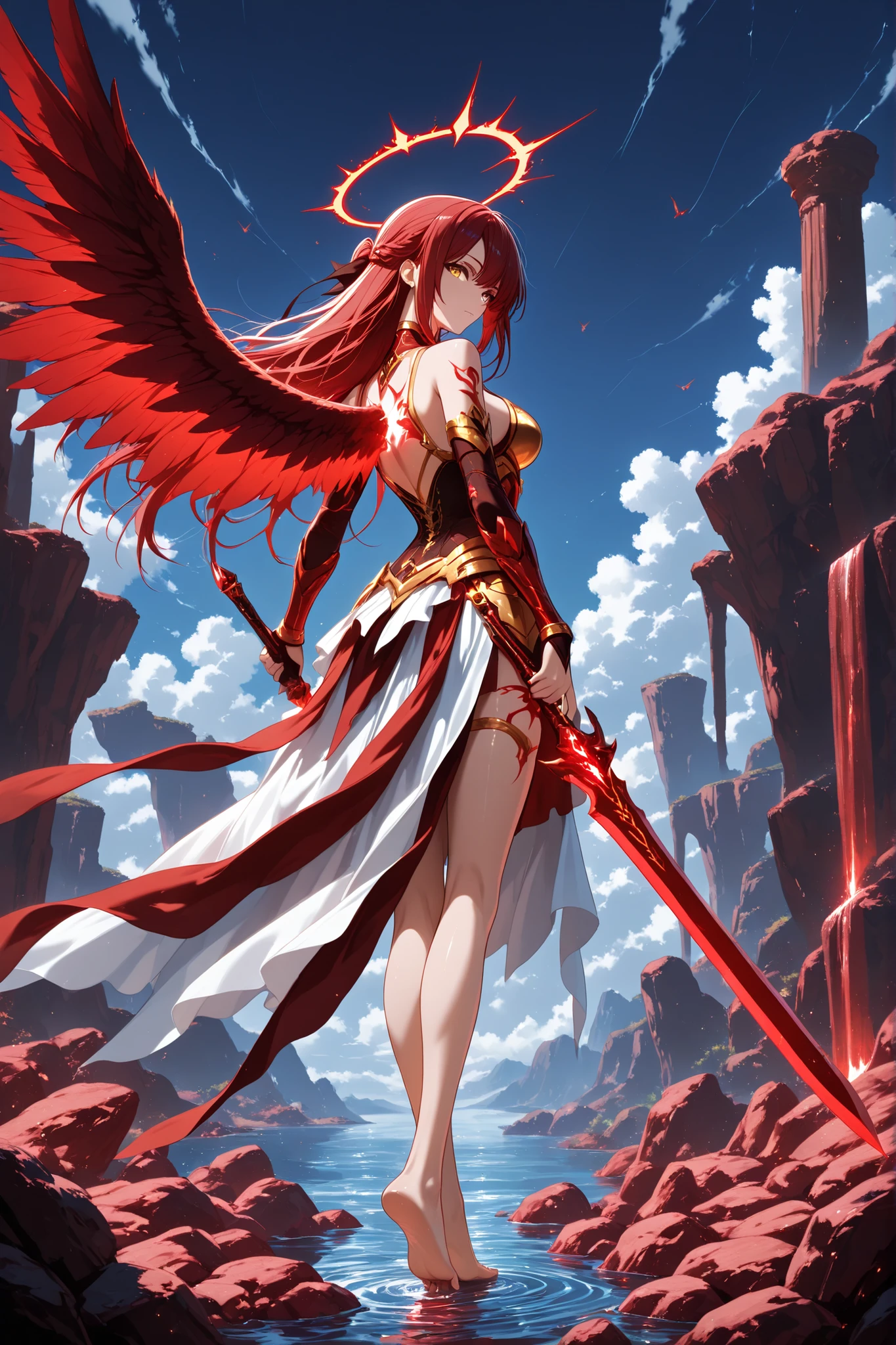 1 woman , golden eyes , very long hair , long sidelocks, red hair ,half updo, petite , very cute , beautiful ,Straight hair, cool, handsome, hair ween eyes, medium breast, cool, beautiful,  fierce beautiful red angel wings, long flowing red hair,  powerful ferocious beautiful dignified woman, red glossy lips, holding a red glowing sword, long elegant red and white armored dress, standing on her toes, red crumbling rocks floating, red stone crumbing pillars, bare feet, gold sashes and embroidery, golden tiara, red glowing halo, fury of God, fierce pose with her sword, battle fighting stance in the air, flying, red pillars of salt, swirling red and golden divine aura, beautiful sky, clouds, light rays, heavens, standing in the divine flooded valley, sparkling water, wet ground, red crumbling pillars of red salt rock, light reflecting water, ,view from behind, looking back at you, delicate lines, fine details, detailed scenery, detailed body, realistic, hyper realistic, masterpiece, 8K, ray tracing, cell shading, detailed water, detailed clothes, detailed sky, soft textures, gentle background ,, Rubric Maxim,((4k,8k,Ultra HD)),((Masterpiece )),((Best quality )),((Detailed )),((Detailed background ))