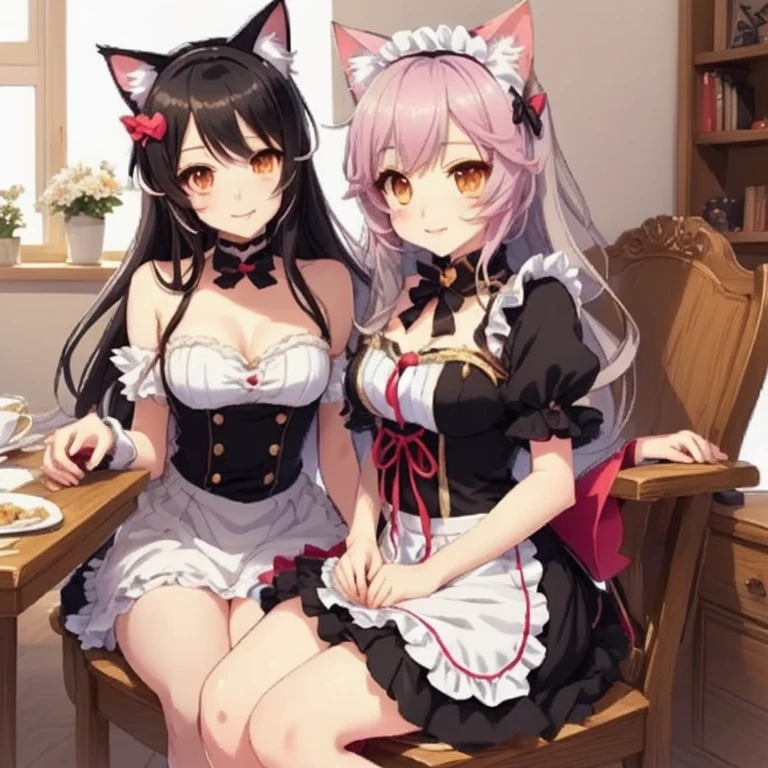 One adult young woman with cat ears in very transparent lingerie handing cup of coffee