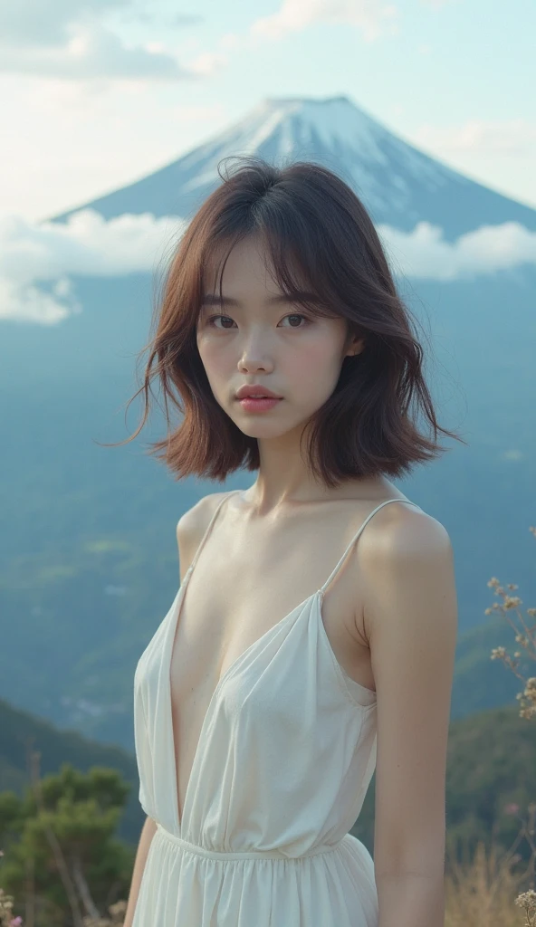 ((style:pure+Surrealism),White skin texture,Bright eyes),Chiaroscuro,High quality,Ultra-high-definition picture quality,High nose bridge,Dynamic Angle,Clouds and mountains,Flower field prospects,Ray Tracing,Realistically,Official Art,Unity 8k Wallpaper,Extremely detailed,Beautiful and beautiful,masterpiece,Best quality,Radiant Skin,light,Full Body Love,sideways,Nature。