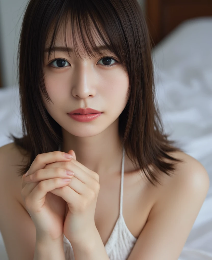 (4K,8k,Masterpiece，Realistic），（Highest quality）、（Super Resolution:1.3）、Real、（Japanese:1.3）、　RAW Photos、（Realistic:1.2）、looking at the camera、Symmetrical face、（Beautiful face in every detail:1.2）、Capture the toes in a clear shot、Good looking、Overflowing with intelligence、20-year-old、Japaneseアイドル、Beautiful black eyes、Natural Makeup、（Medium chest、Cleavage）、Beauty Caster、（（Full nudity、Completely naked、Accurate乳首））、（Fascinating Ass、Accurateまんこ、Sensual Feet）、Place your head on the pillow、Camel Toe、（Lie on your back on a luxury hotel bed）、Illuminated、Bold Pose、Lewd、Accurate５Finger、NSFW