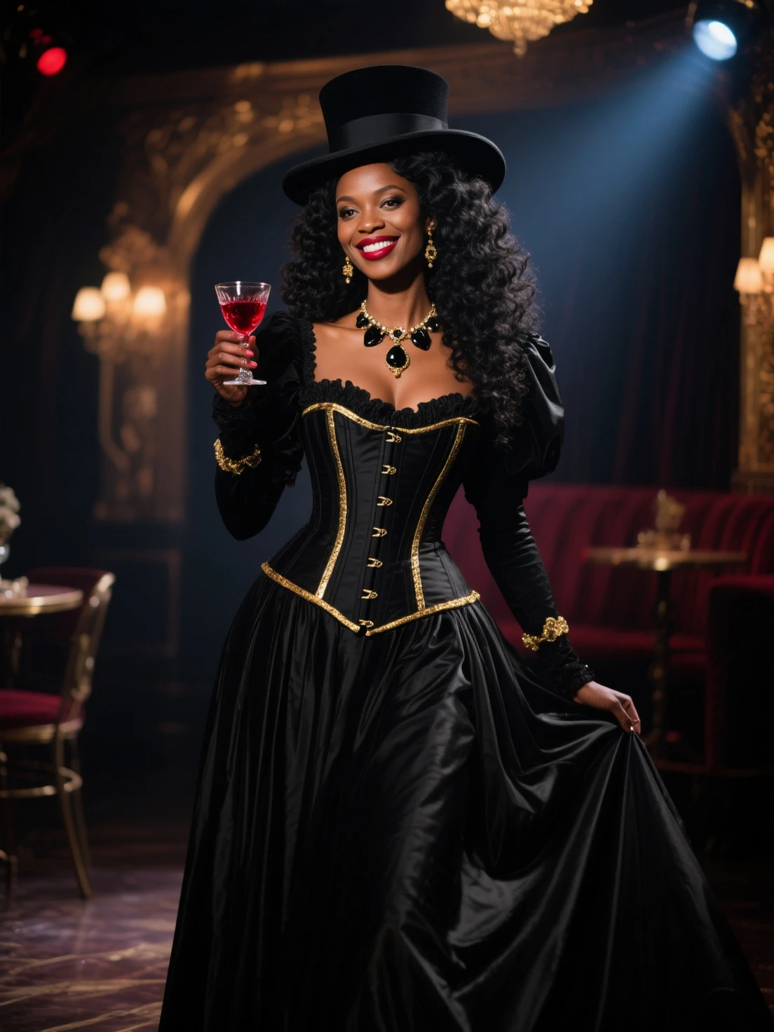 closeup shot, (angry evil muscular bodybuilder Michaela Coel showing evil glare:1.4) in a (closed satin skintight silk buttoned mandarin collar blouse with large shoulder-pads and extremely tight corset and belt and satin cape:1.6), tight hairbun, silk gloves, small waist, wide hips and torso, (insane wide eye stare:1.2), (muscular arms), ((flared nostrils + nostrils dilate + nostrils enlarge + nostrils expand)), large shoulder-pads, extremely cinched small waist,

