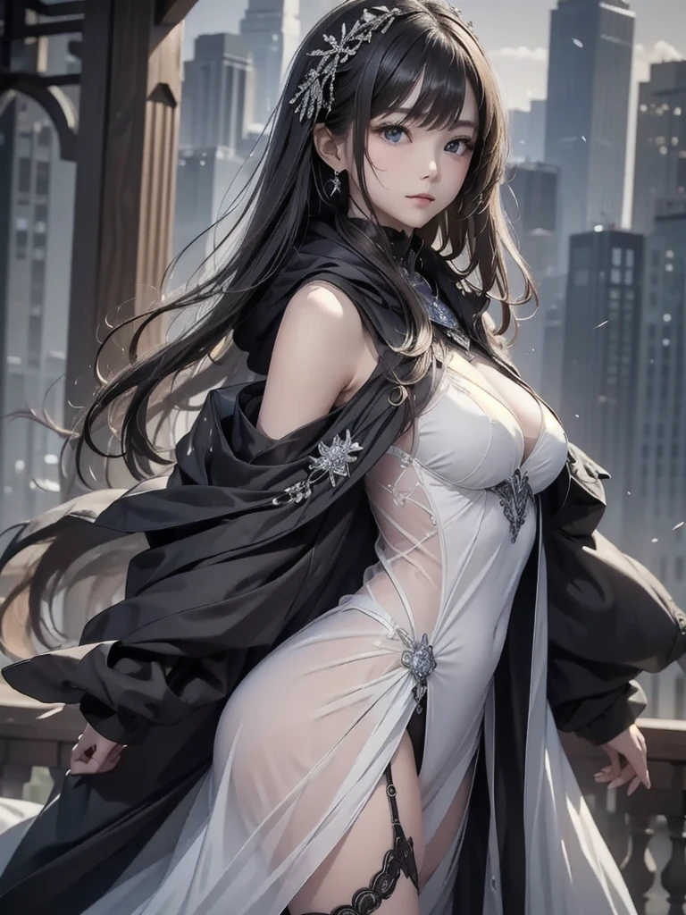 Raw photo, masterpiece, best quality, ultra-detailed, high resolution, extremely detailed CG, unity 8k wallpaper, official art, production art, novel illustration, caustics, textile shading, super detailed skin, perfect anatomy, detailed, cinematic lighting, dynamic lighting, piercing jet black eyes, older woman, slender and thin woman, 35 years old, beautiful detailed eyes, (fair white skin), cold and icy smile,(nsfw:0.7), (white Form-fitting silk dress :1.5), (EE breasts), curvy and thick slim body, large buttocks, raven black hair, piercing jet black eyes, long lashes, eye shadow, eyeliner, detailed eyes, beautiful eyes, full black lips, tall height(180cm), behind viewer, back shot, hips focus, Icy cold temperament, cold face(no smile), close up picture, (side slit dress:1.5), icy blue phoenix wings