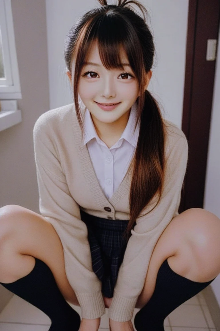 (realistic silk panties:1.3),(Looking directly at Viewer:1.5),(big smile:1.2)32K, masterpiece, Raw photo, Best Quality, Photorealistic, Highly detailed CG Unity 32K wallpaper, depth of fields, Cinematic Light, Lens Flare, Ray tracing, (Extremely beautiful face, Beautiful lips, Beautiful eyes), intricate detailed face, ((Ultra detailed skin)) 1girl in, deep shadow, Cutest Pretty Japanese girl, Super Idol, 1 girl,(Happy smile:1.3), Clear eyes, Front shot, (pale skin), (Big eyes:1.2), Face forward, (Brown hairs), thick thighs, (Japanese school uniform:1.1),(double eyelies:1.3),long eyelashes,(white panties:1.2),balanced elegant face,(small mouth:1.1),drooping eyes, cubby ass, big hip