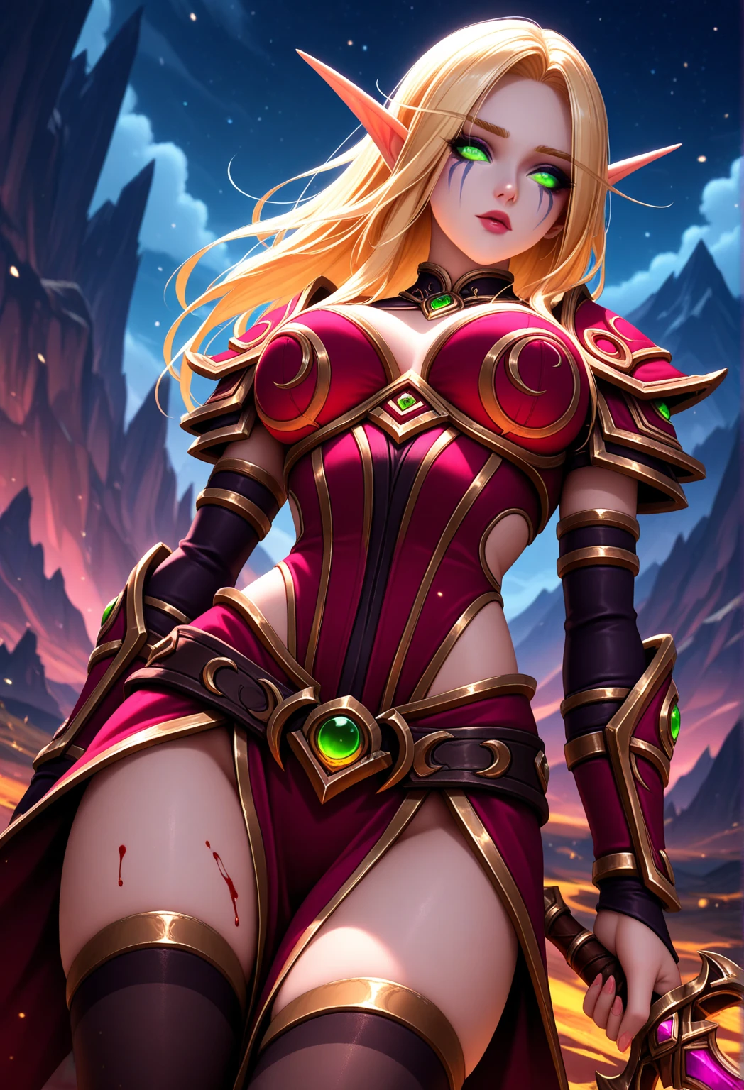 1girl, cowboy shot of beautiful ladyvaleera, hood on, red corset, no panties, bottomless, (exposed vagina), exposed breasts, pink nipples, holding daggers, green dagger, weapon, looking at viewer, bending over, fantasy bedroom, magic, volumetric lighting, best quality, masterpiece, realistic, laying down, legs spread, open legs
