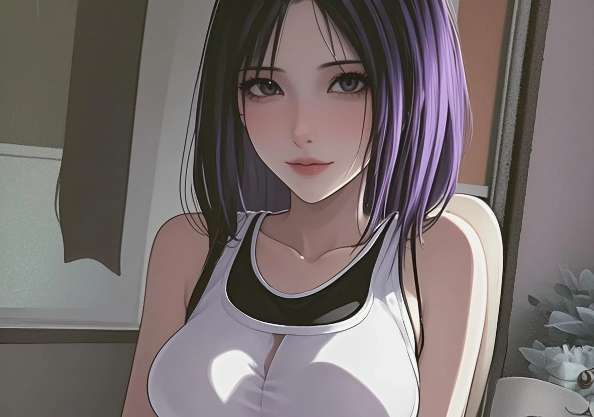 a short sexy woman wearing purple t shirt and black tracks, pinned against the wall, eyes closed, lips parted, blushing intensely, ready to kiss