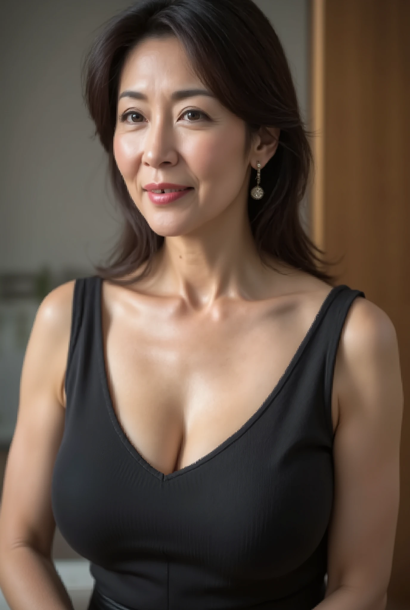 One woman, full body, 1 milf, soro, 55 years old, facial wrinkles:0.5, beautiful eyes, laugh, beautiful face, wearing bikini,