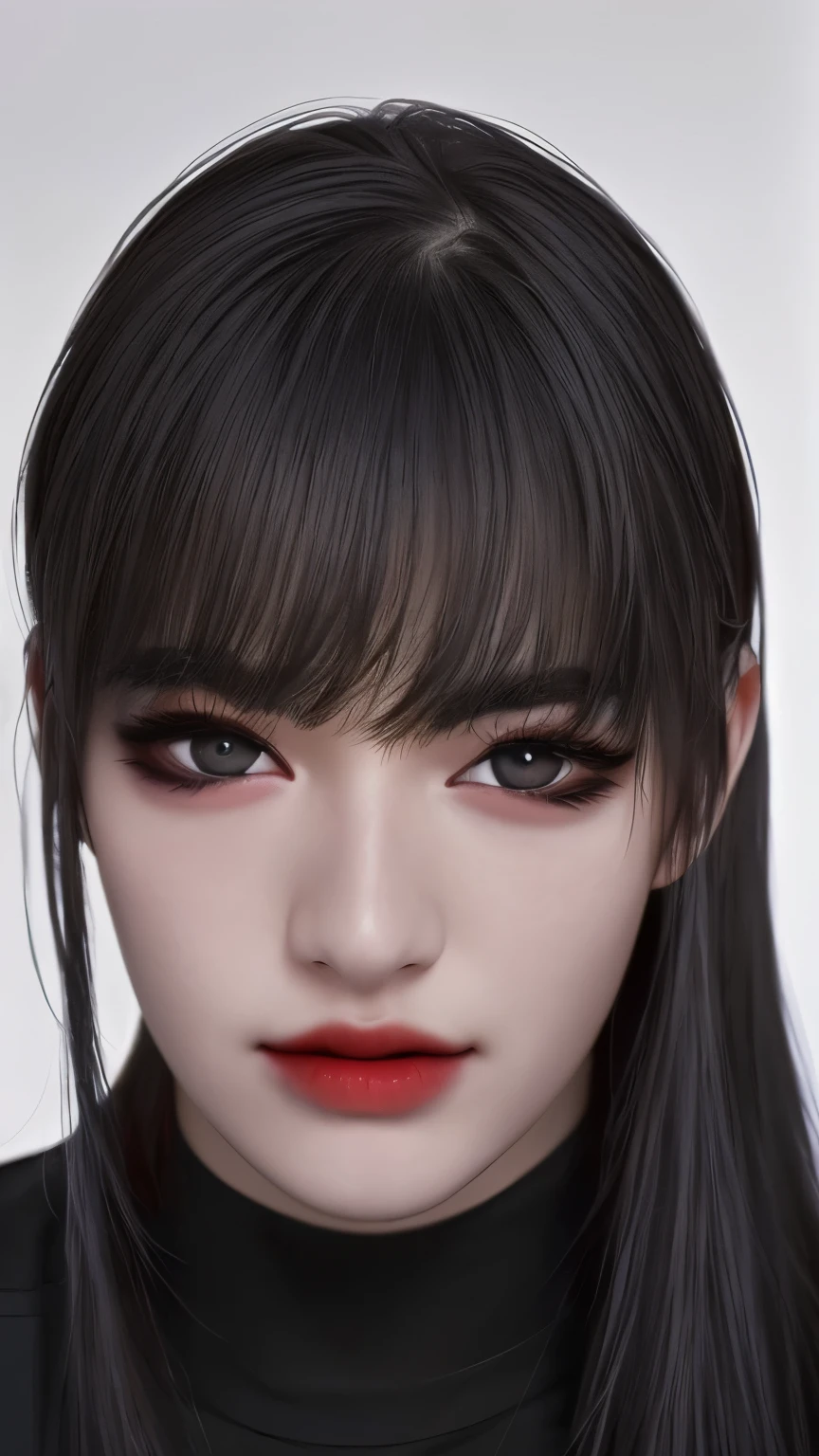 (Photorealistic: 1.5),long black hair,black pupils,cat eyelashes,wearing white shirt and black pants with black tie,highly detailed,high quality,high resolution portrait