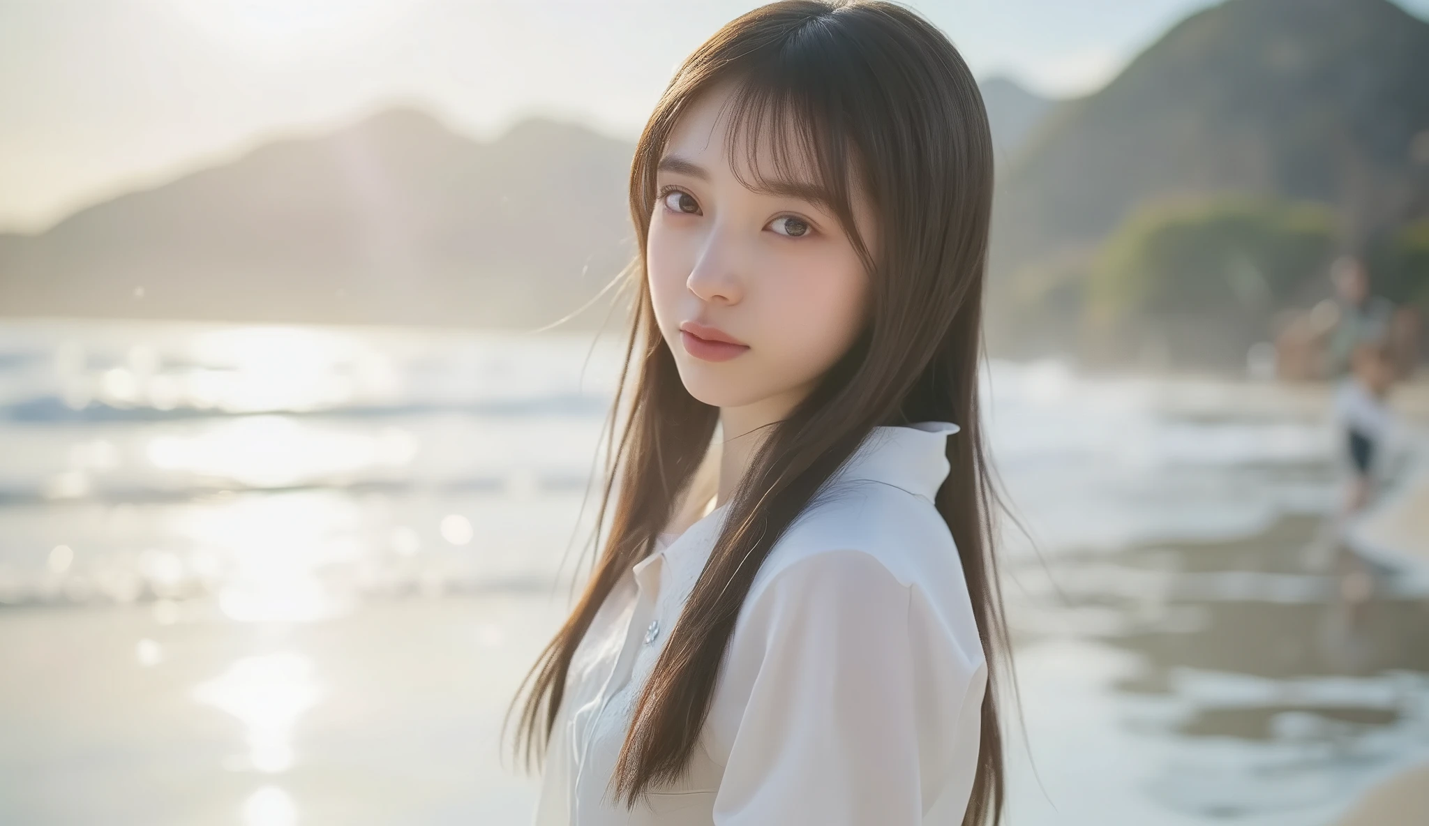 masterpiece, Best Quality, super high resolution, Photoreal, full body portrait, dreamy natural light, soft rim light , shallow depth of field, cinematic brilliance, environment occlusion
AIYANA, standing gracefully facing forward, small (~150cm), soft natural waves with grayish brown hair, surprise with big glowing eyes, clear porcelain skin, slightly bulging and shiny lips, pretty natural makeup, A gentle and kind smile — her unique fairy-like charm shines through
Dressed in white, Semi-transparent swimsuit that gently emphasizes her slender waist, Subtle curves, and waist line, , her graceful posture subtly emphasizes the beauty of her silhouette
Her hair is swaying in a gentle breeze, The background is a pastel-colored beach scene reflecting off the shallow surface of the water bathed in sunlight, dreamy bokeh
Composition: full body, Focus on center, The Third Law, Soft sunlight emphasizes the edge of her silhouette, All eyes are naturally attracted to AIYANA, soft background without distractions
--v 6.0 --ar 2:3 —style raw--s 750--q 2