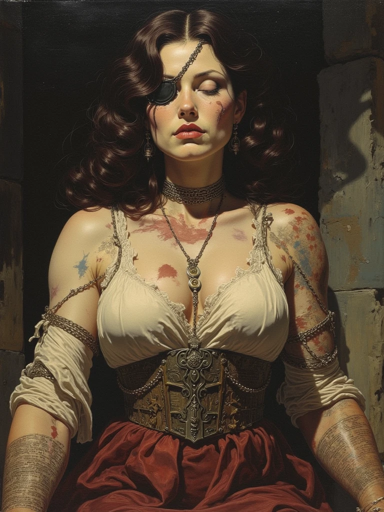 Princess tied up in a long sheer gown in the dark cave,solobound, grey sheer dress