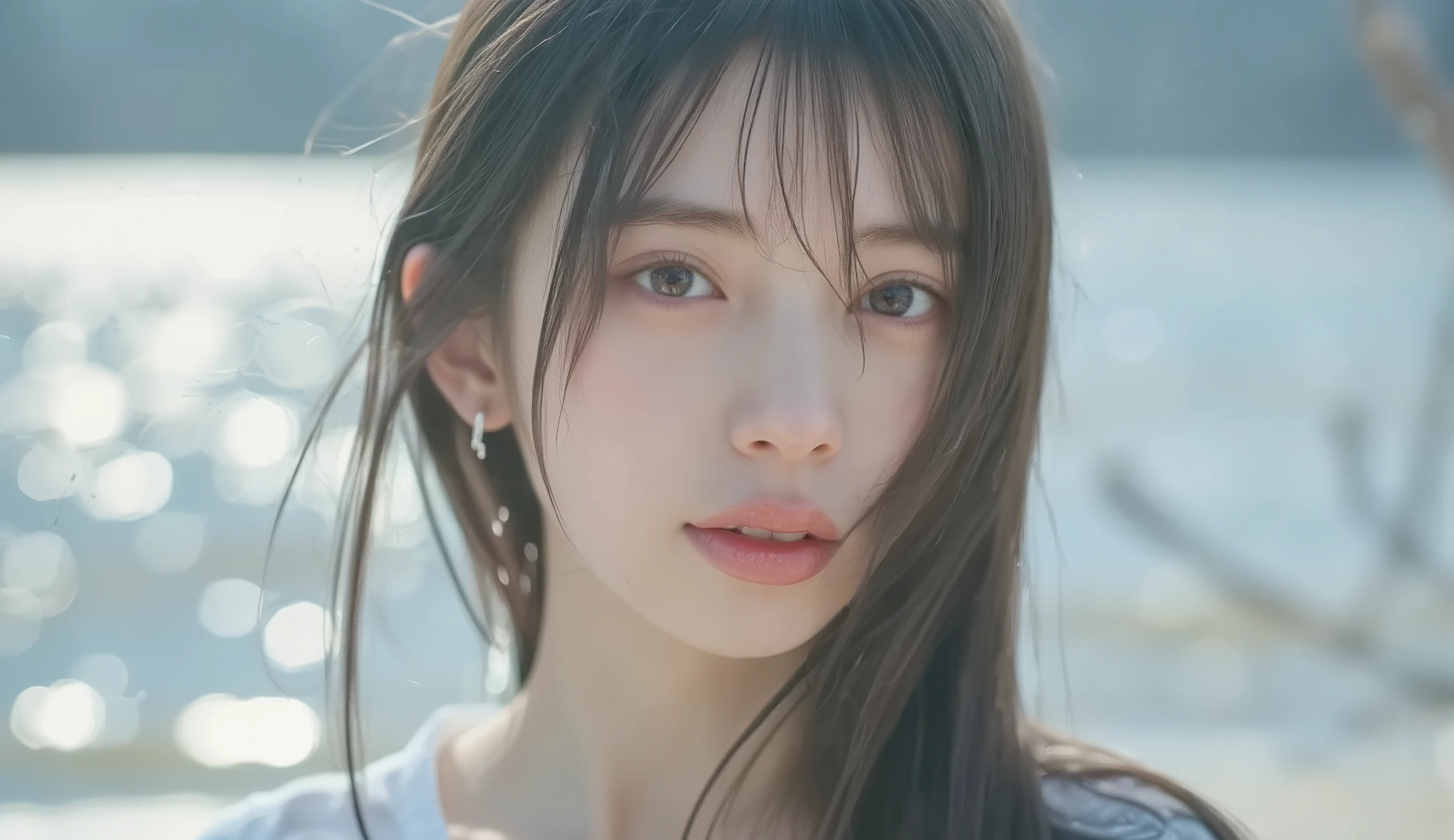 masterpiece, Best Quality, super high resolution, Photoreal, full body portrait, dreamy natural light,  soft rim light , shallow depth of field, cinematic brilliance, environment occlusion

AIYANA, standing gracefully facing forward, small (~150cm), soft natural waves with grayish brown hair, surprise with big glowing eyes, clear porcelain skin, slightly bulging and shiny lips, pretty natural makeup, A gentle and kind smile — her unique fairy-like charm shines through

Dressed in white, Semi-transparent swimsuit that gently emphasizes her slender waist, Subtle curves, and waist line, , her graceful posture subtly emphasizes the beauty of her silhouette

Her hair is swaying in a gentle breeze, The background is a pastel-colored beach scene reflecting off the shallow surface of the water bathed in sunlight, dreamy bokeh

Composition: full body, Focus on center, The Third Law, Soft sunlight emphasizes the edge of her silhouette, All eyes are naturally attracted to AIYANA, soft background without distractions

--v 6.0 --ar 2:3 —style raw--s 750--q 2
