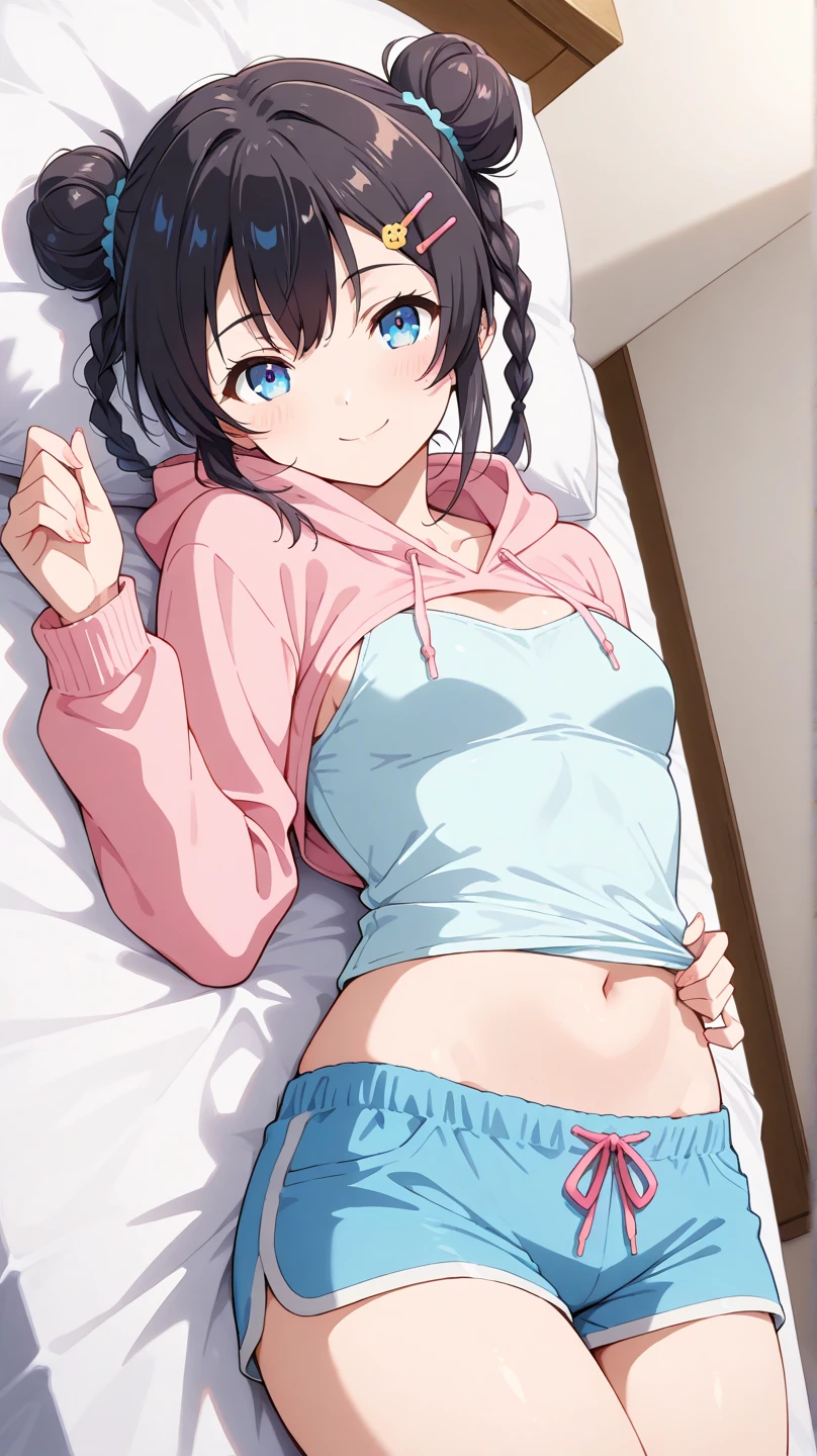 (masterpiece, best quality), bedroom, 1girl, petite, loli, child, flat chest, (crop top), (unzipped shorts), (open fly), (children's print panties), (pussie:1.2), in a colorful bedroom, lying on bed, smile, from above, morning, bright sunlight, white, vibrant colors, watercolor