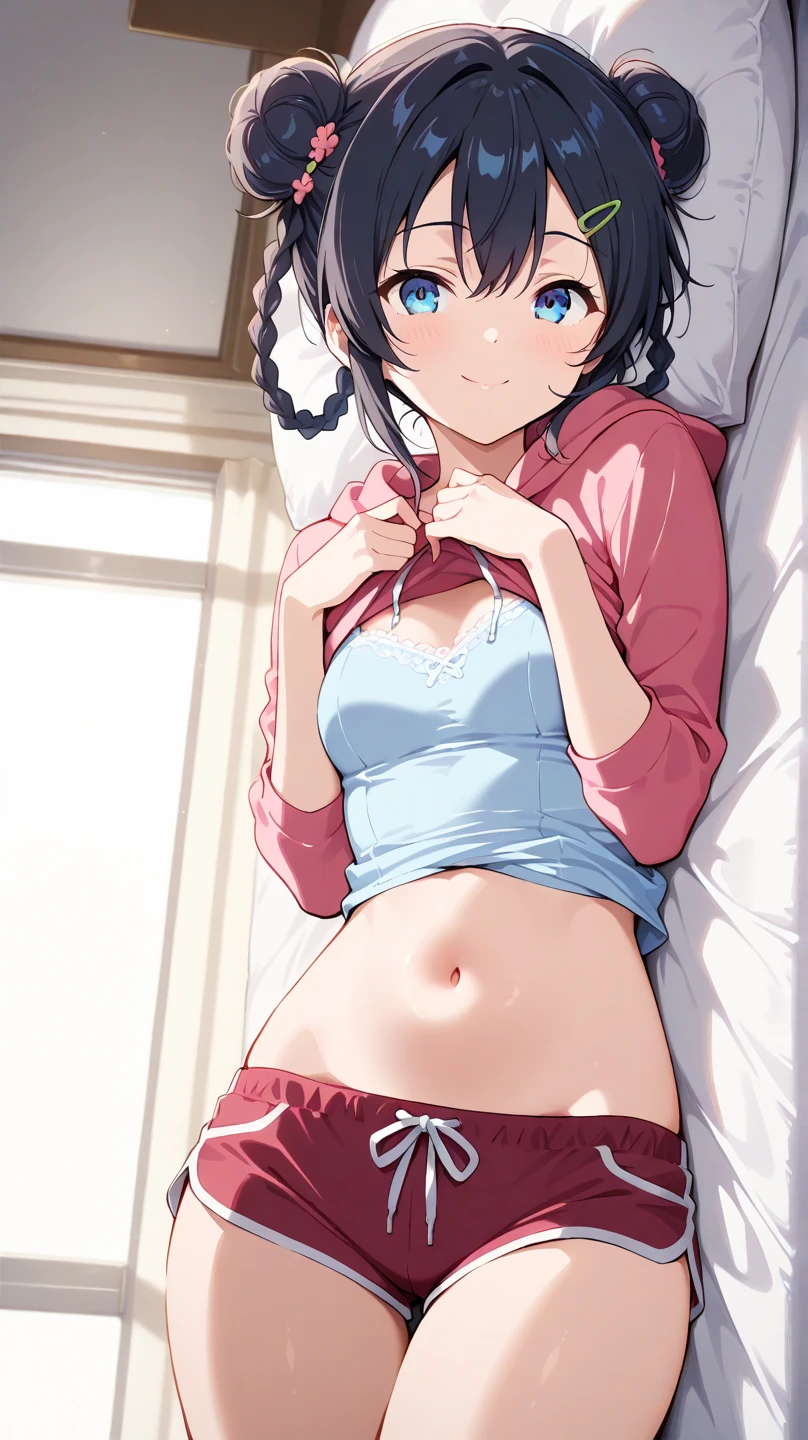 (1 girl), (Masterpiece, ultra-high quality, perfect anatomy, perfect body, perfect face, HD quality, best quality, best lighting, bedroom setting, perfect quality), (Vanellope von Schweetz) , (black hair with colored sprinkles, twintail hairstyle, red ribbon, large brown eyes, pink blush on cheeks, content expression, thighhighs, underboob, blue crop top, underboob, booty shorts), (laying on bed, on her back), (perfect round breasts:1.3), hot female, pov from above, (breedable), blushing, embarassed