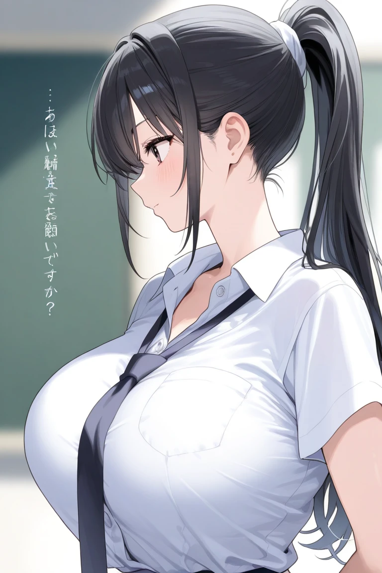 1womanl,teacher,Office Suits, Black tight skirt,White blouse, Standing,tits out,breasts,wide hips, short of a person,Beautiful face,slanted eye,Thin eyebrows,Cool Face,Black hair, Medium Hair,from the front side,Indoor,Daytime,In the classroom,Anime style,masutepiece, extremely fine and beautiful,Illustration